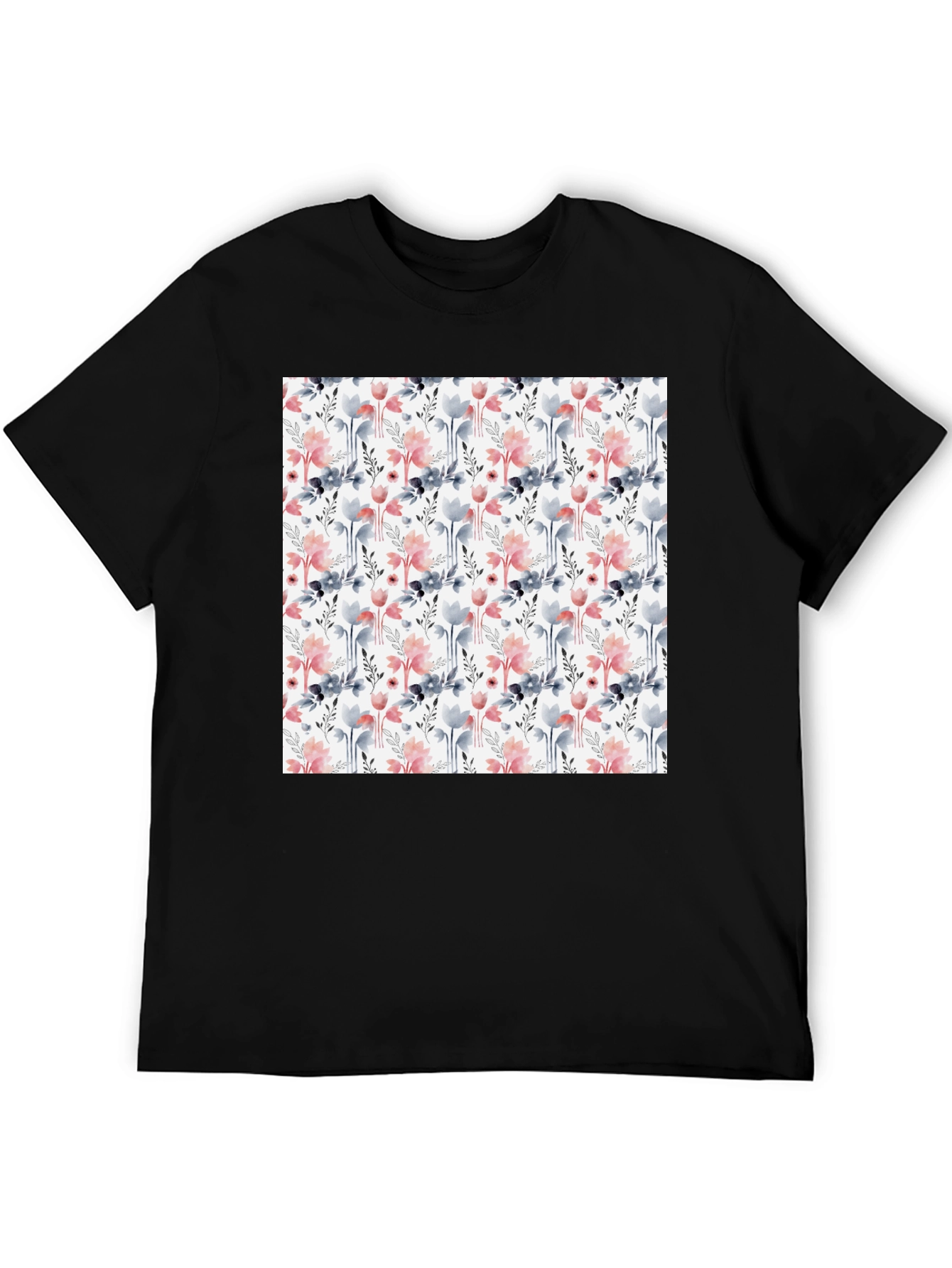 Floral Patterned Mens T-Shirt - Black Casual Tee