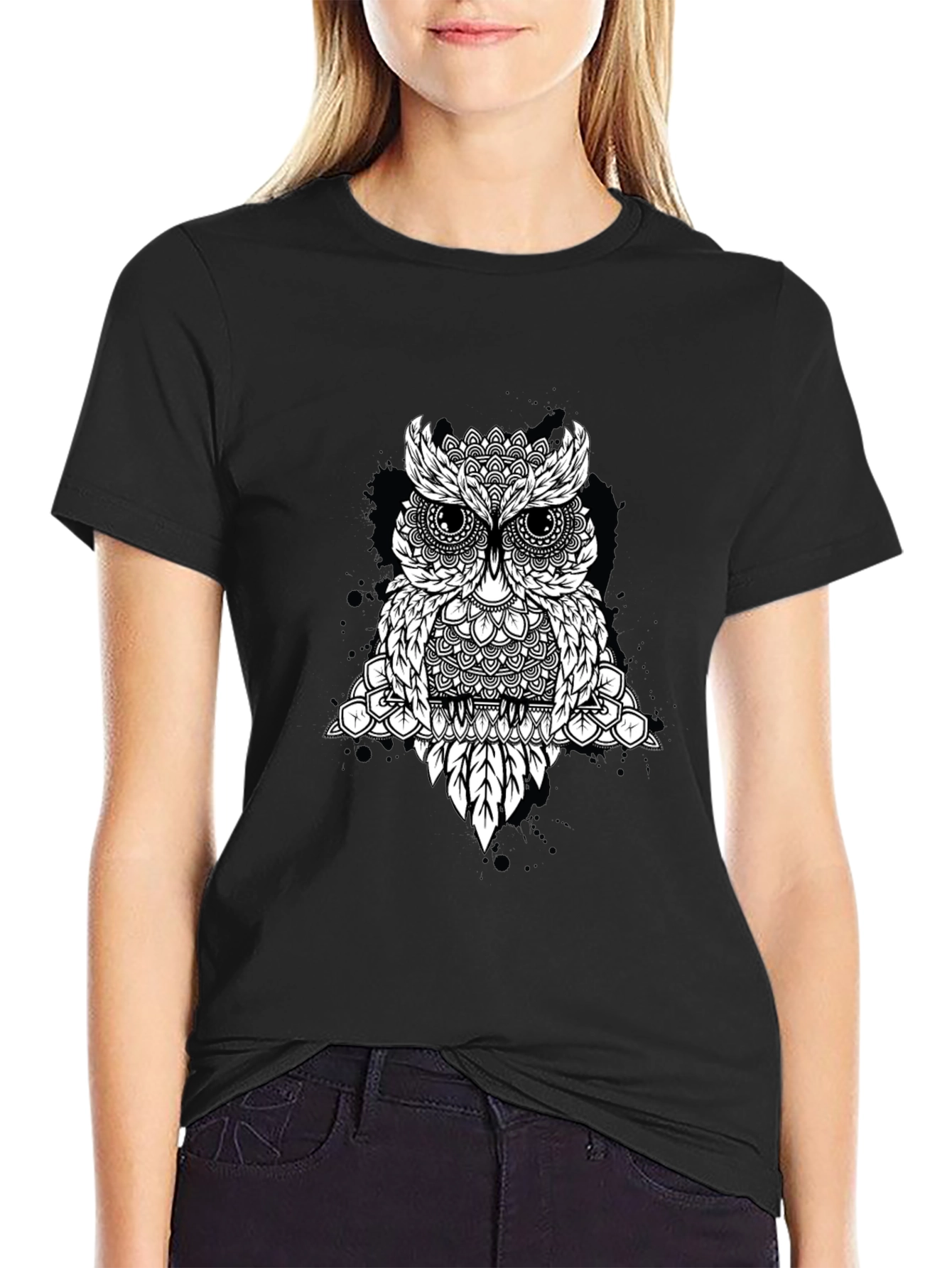 Geometric Owl Graphic Black T-Shirt