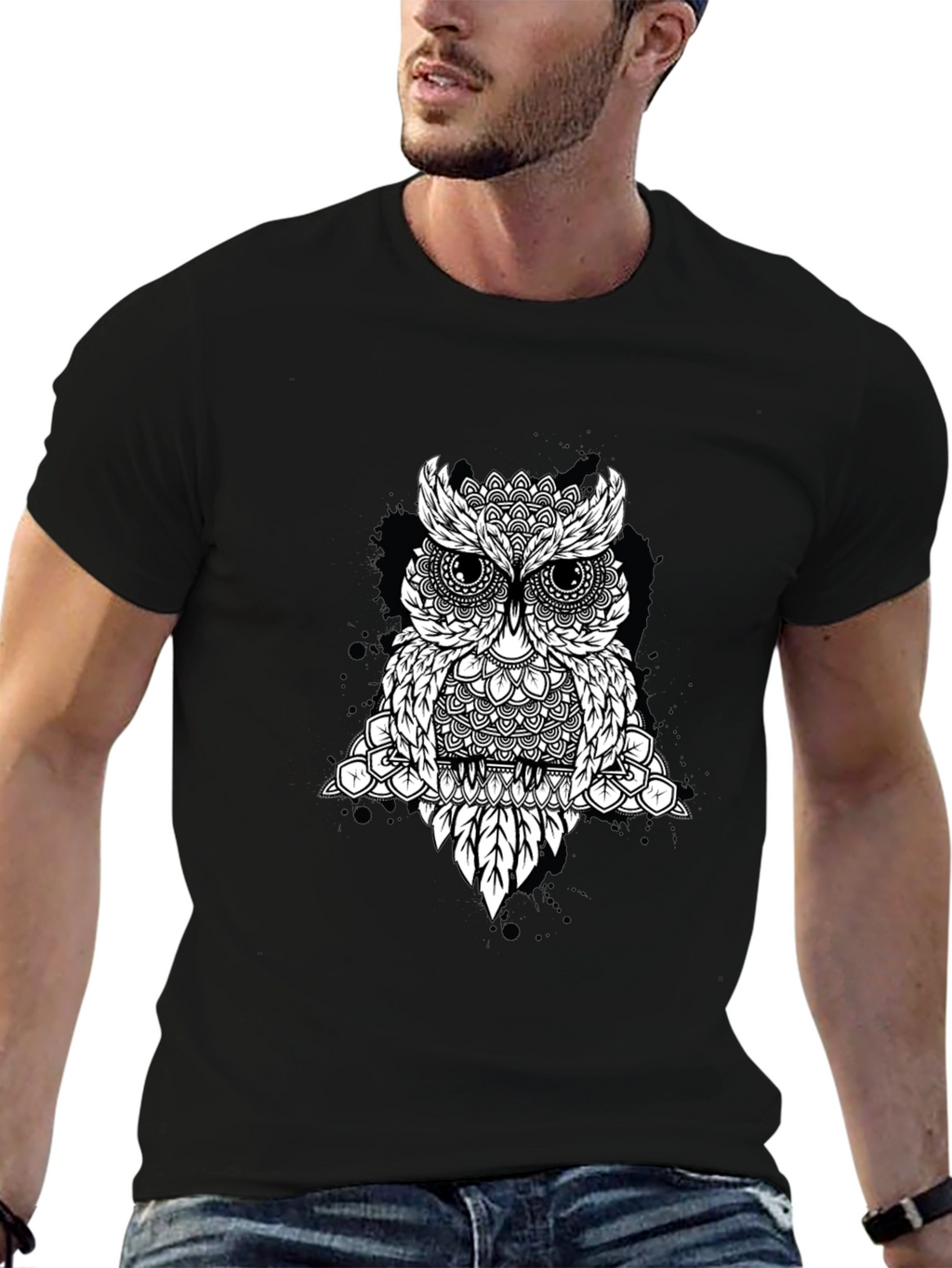 Geometric Owl Graphic Black T-Shirt