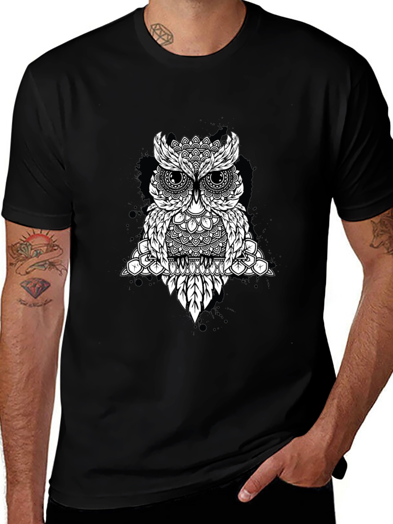 Geometric Owl Graphic Black T-Shirt
