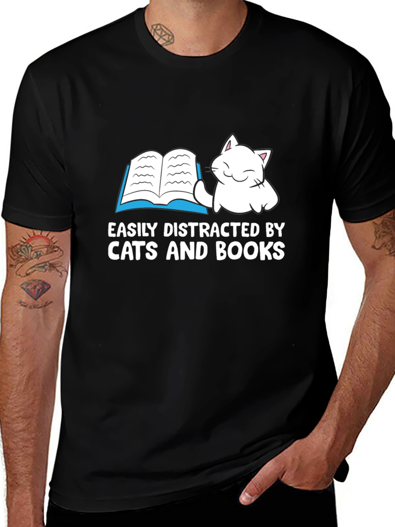Cat and Book Lover T-Shirt - Easily Distracted Funny Tee