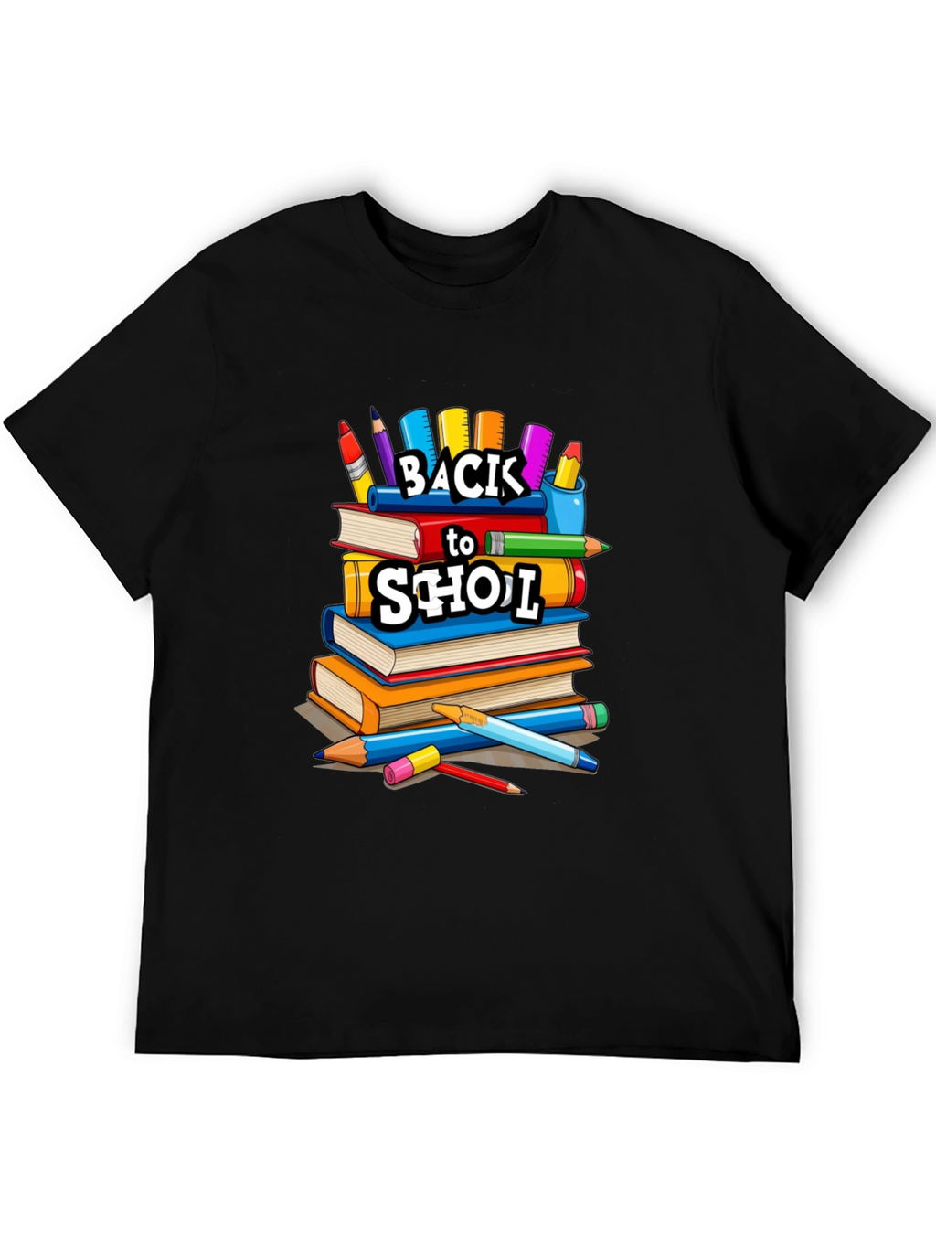 Back to School Stacked Books Black T-Shirt