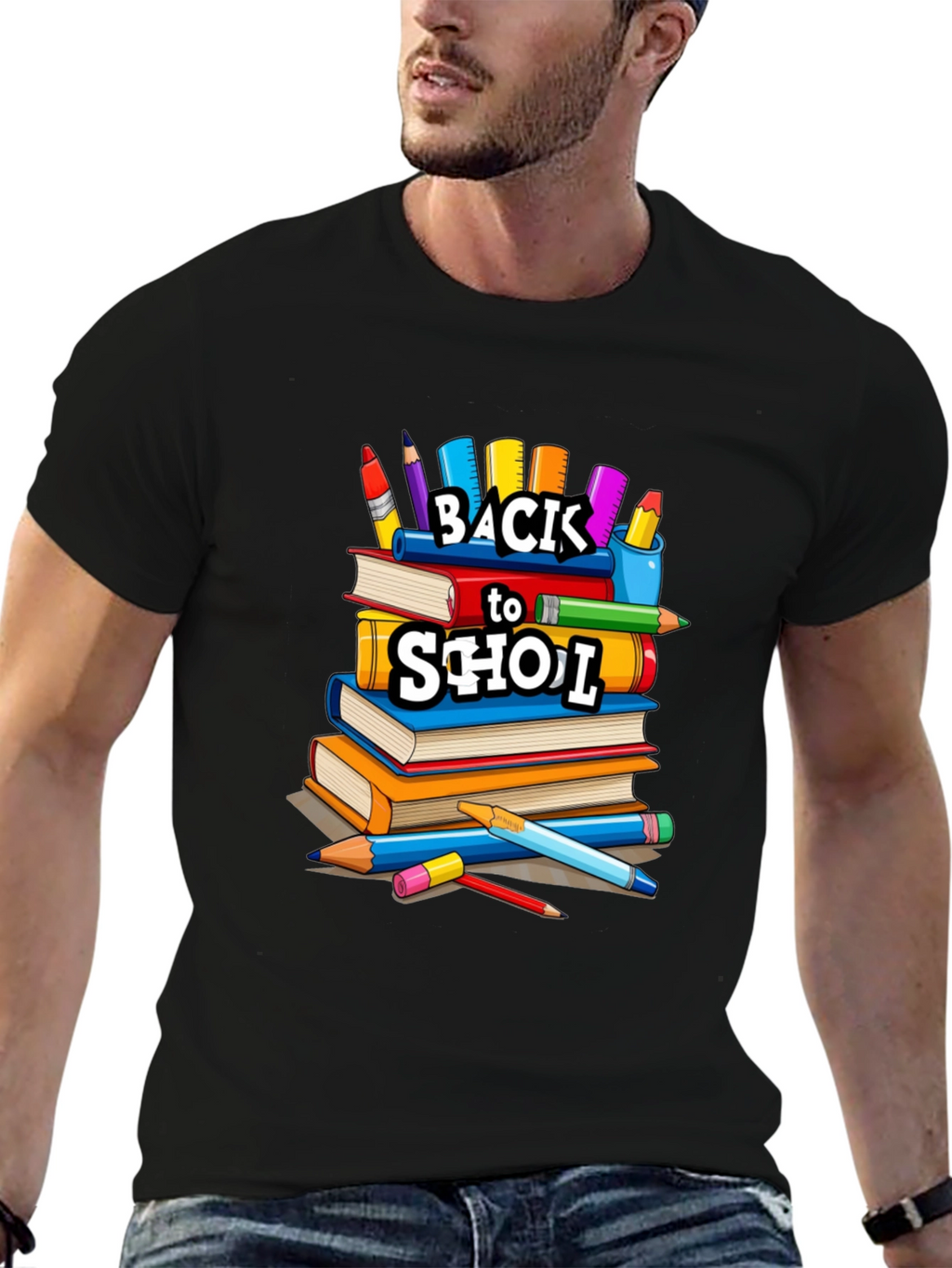 Back to School Stacked Books Black T-Shirt
