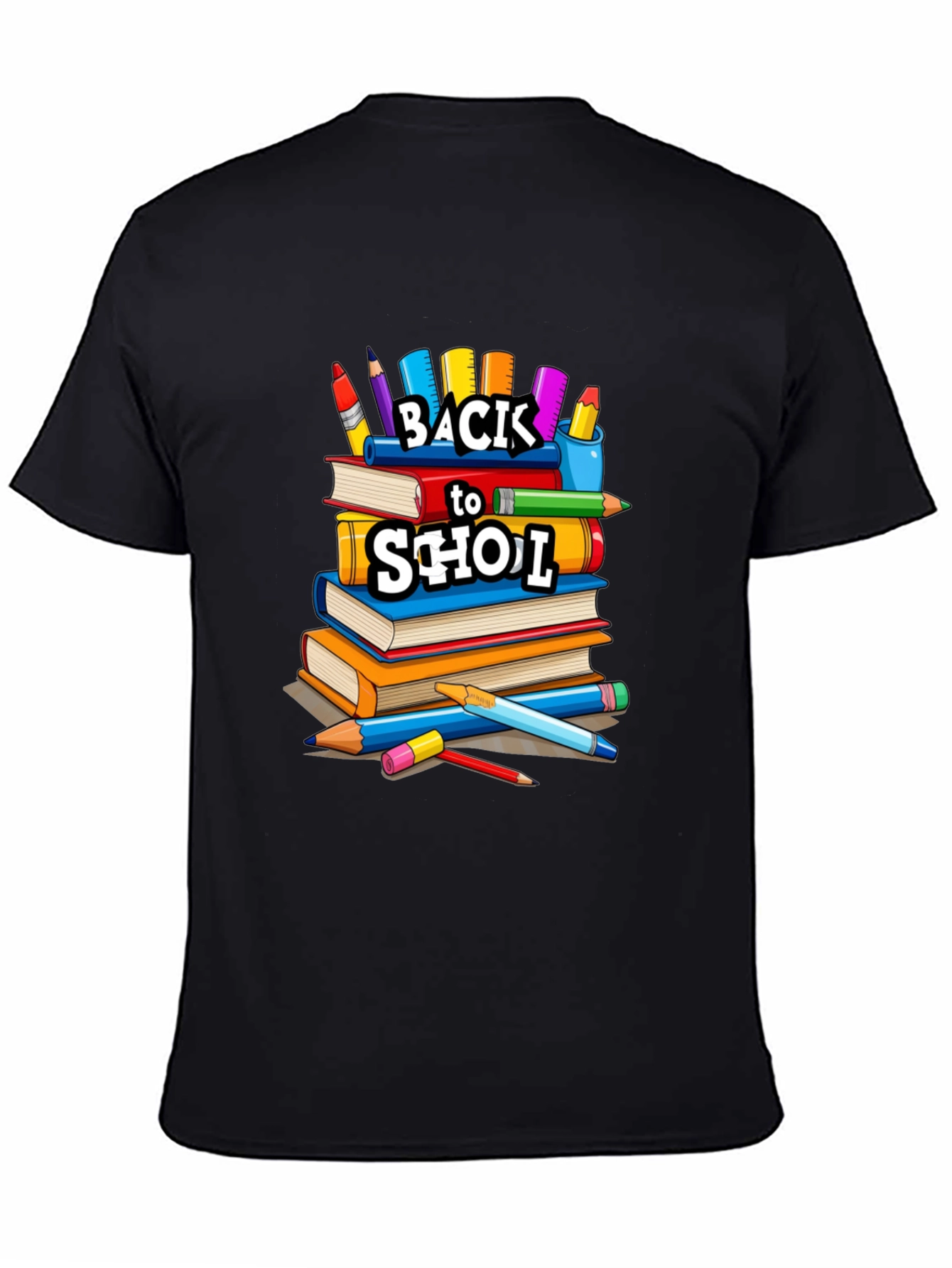 Back to School Stacked Books Black T-Shirt