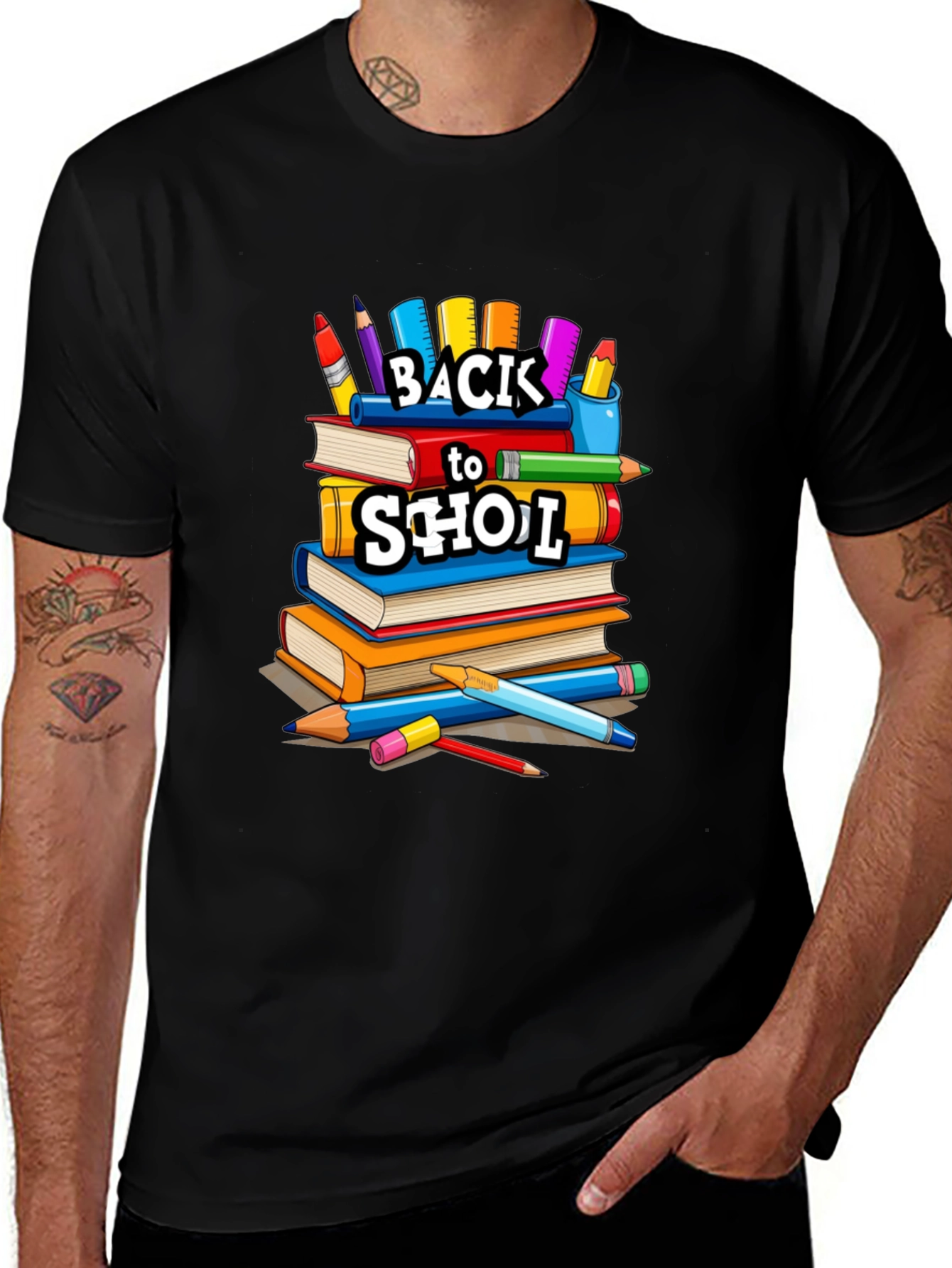 Back to School Stacked Books Black T-Shirt