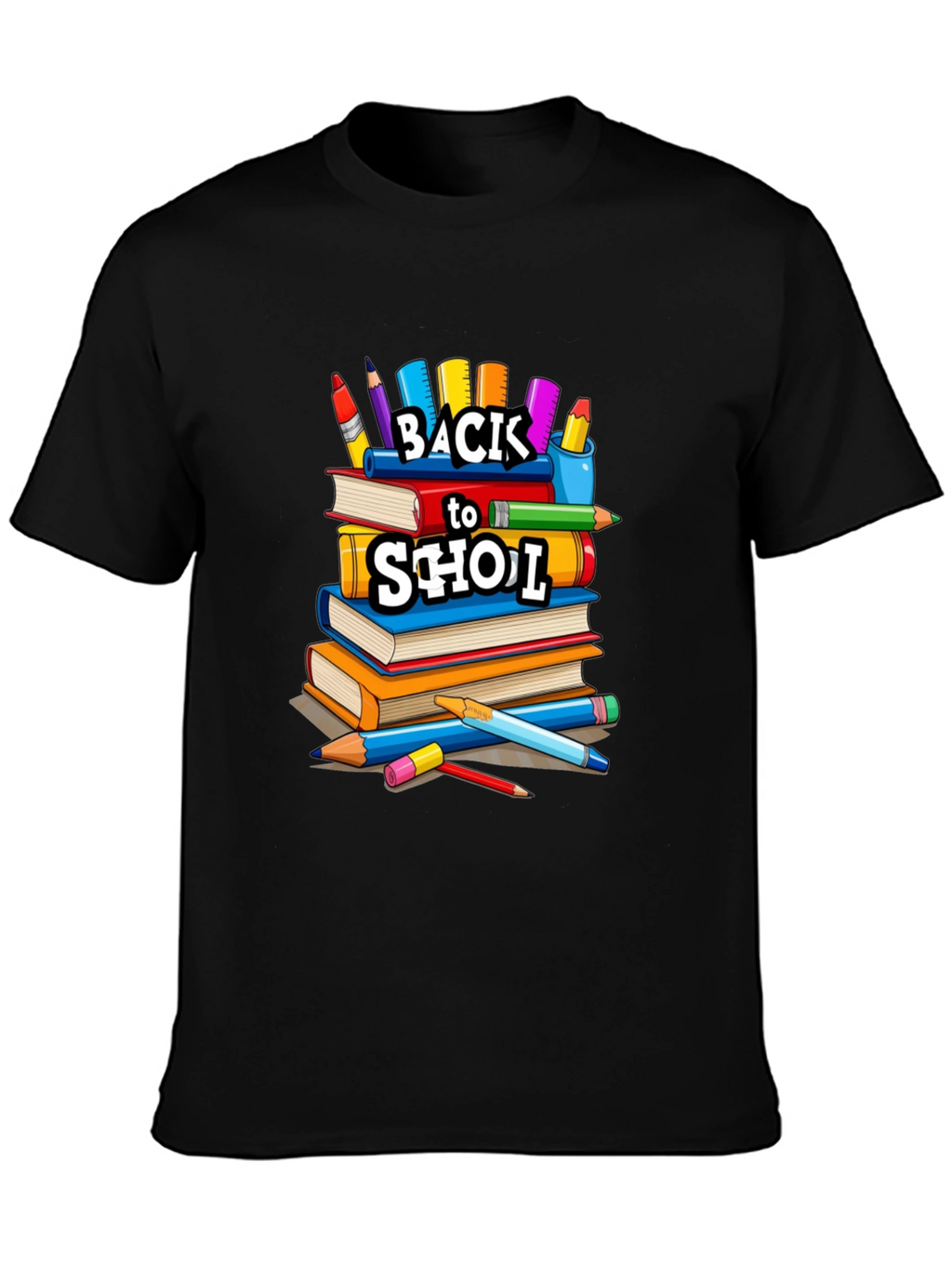 Back to School Stacked Books Black T-Shirt