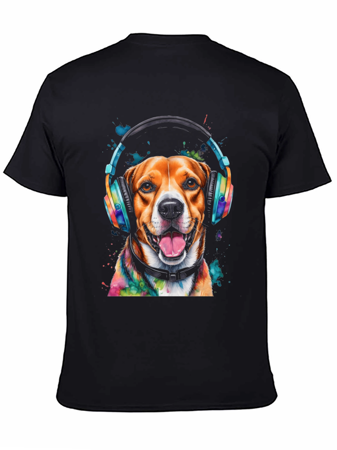 Dog with Headphones Graphic Tee - Black T-Shirt