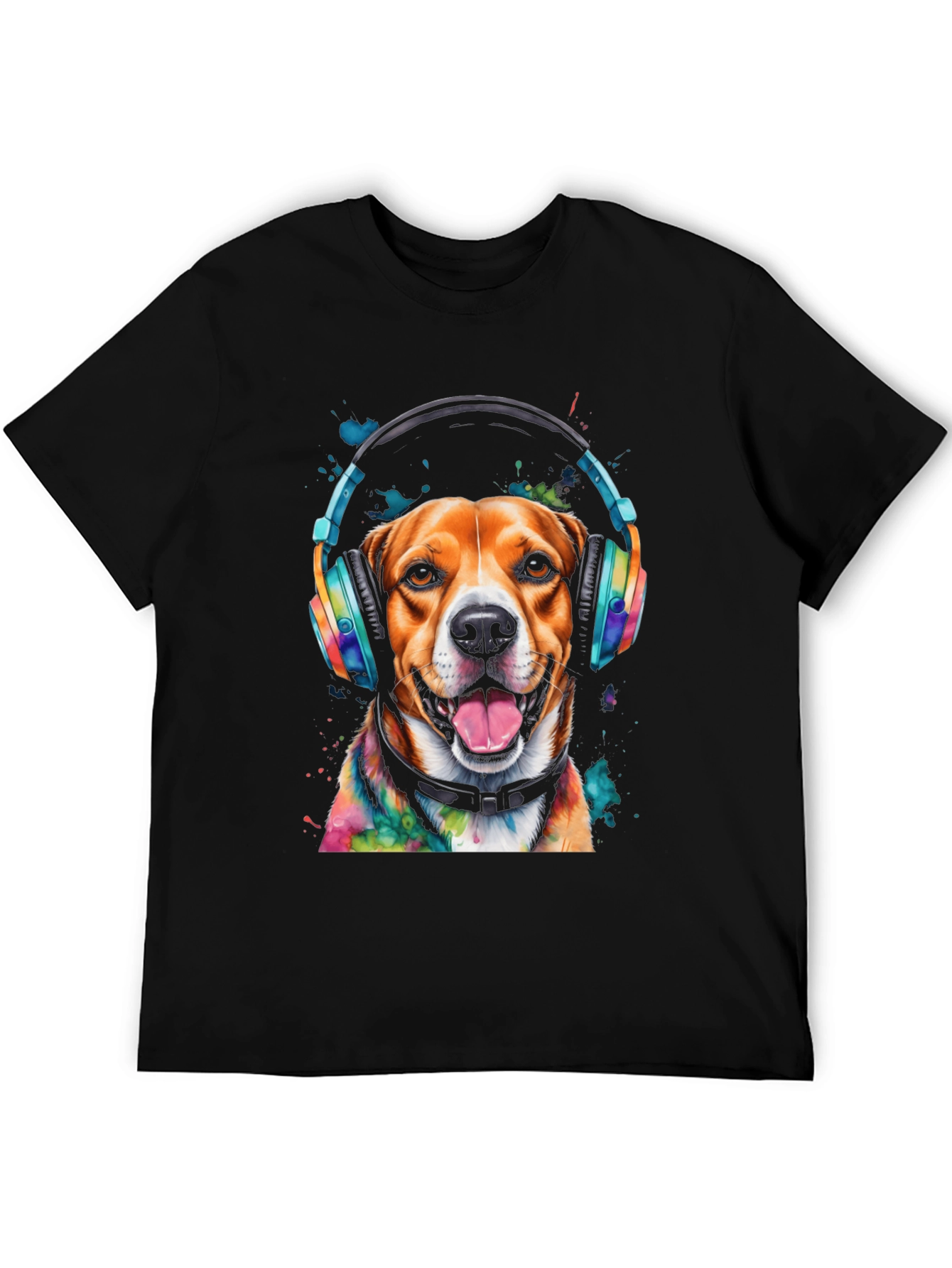 Dog with Headphones Graphic Tee - Black T-Shirt
