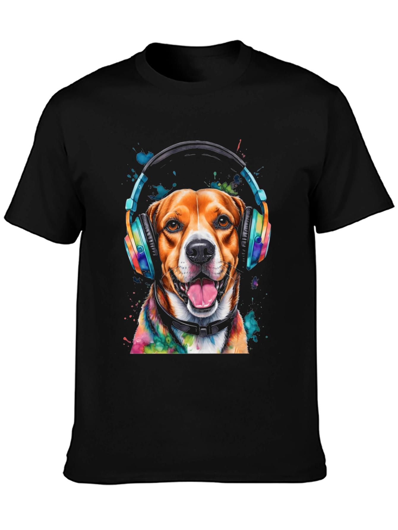 Dog with Headphones Graphic Tee - Black T-Shirt