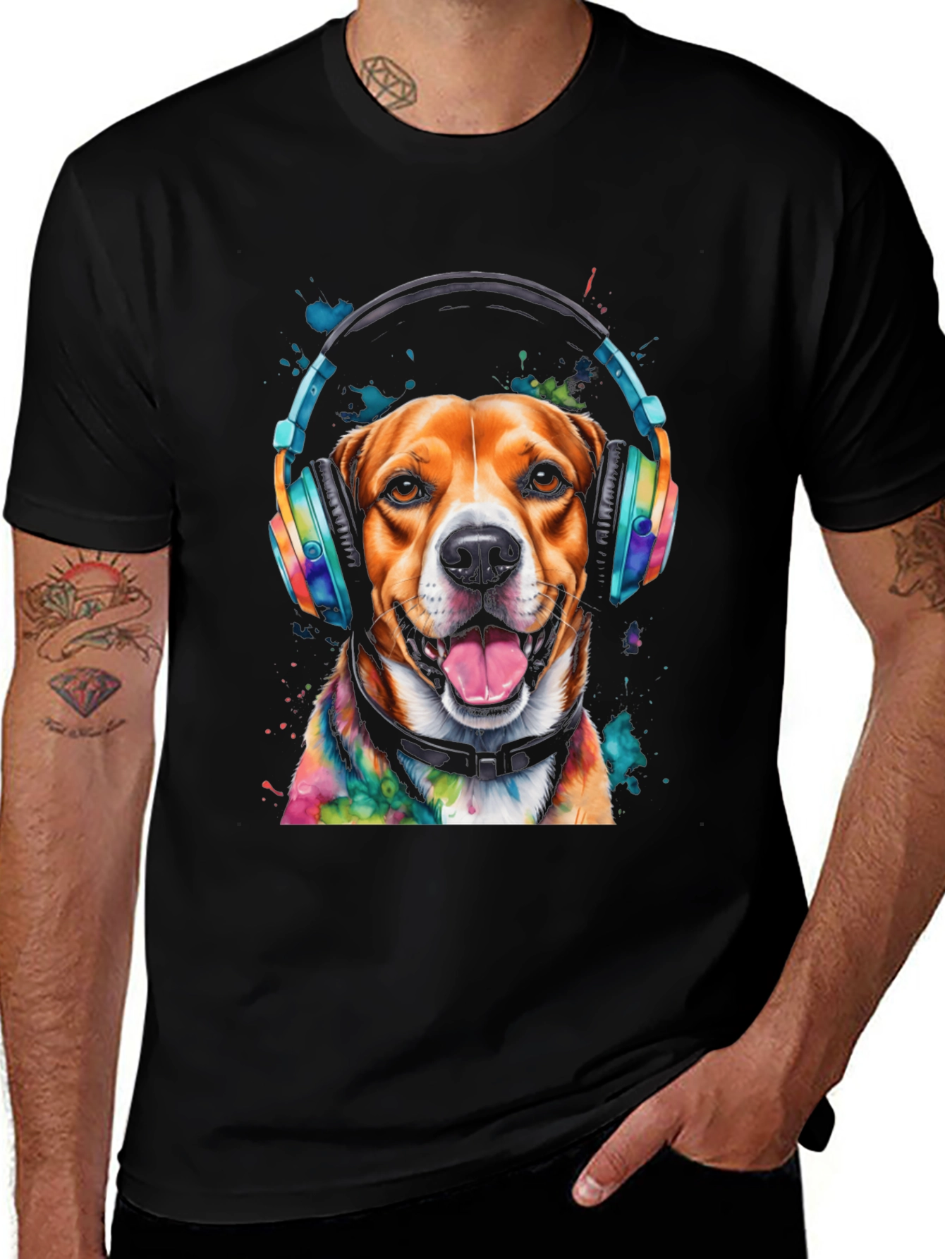 Dog with Headphones Graphic Tee - Black T-Shirt
