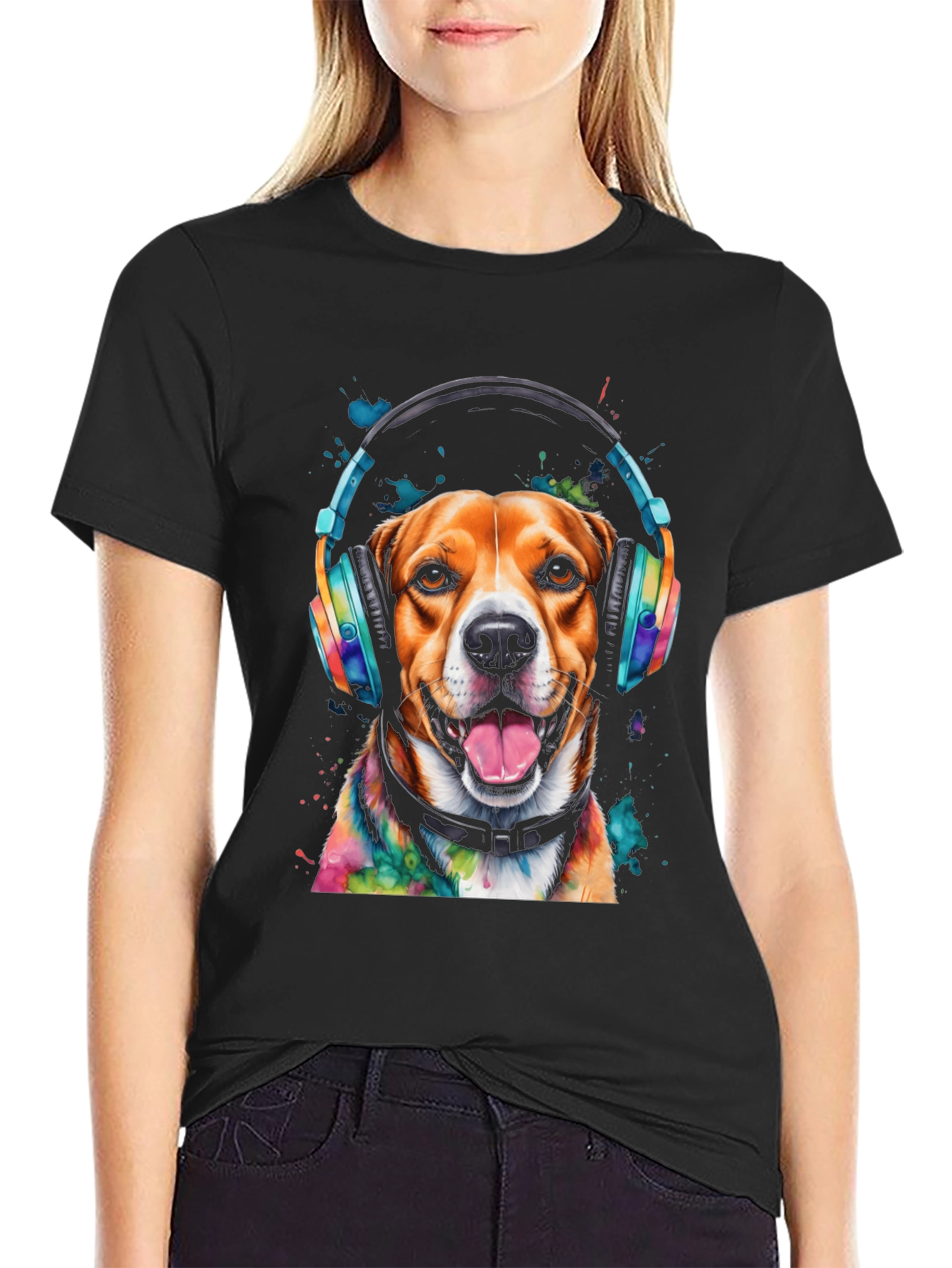 Dog with Headphones Graphic Tee - Black T-Shirt