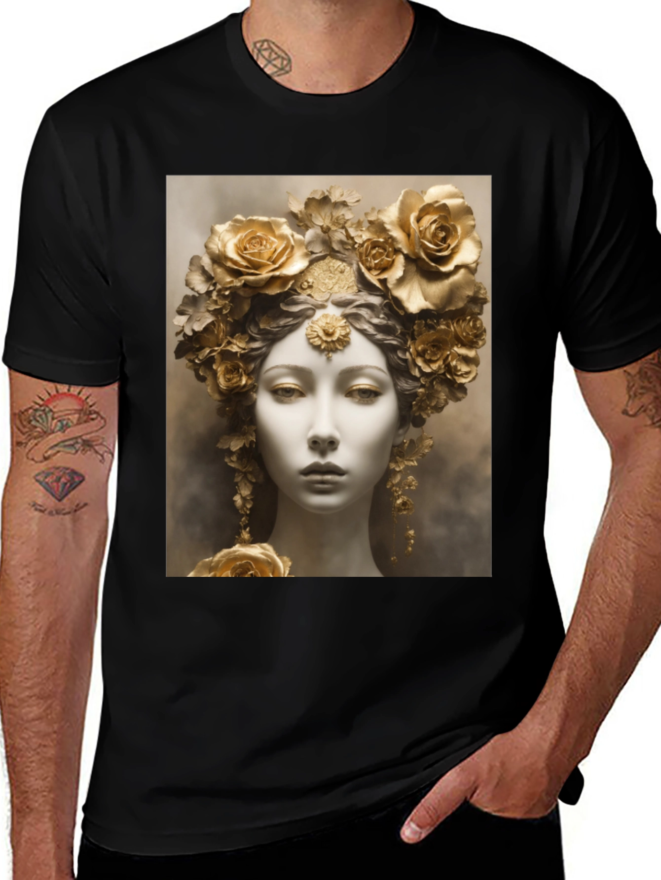 Floral Goddess Graphic Tee - Black Cotton Comfort