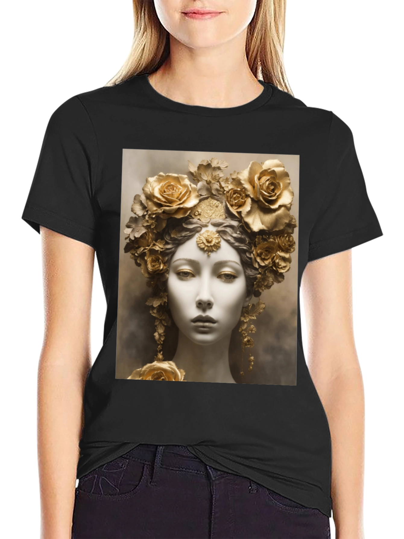 Floral Goddess Graphic Tee - Black Cotton Comfort