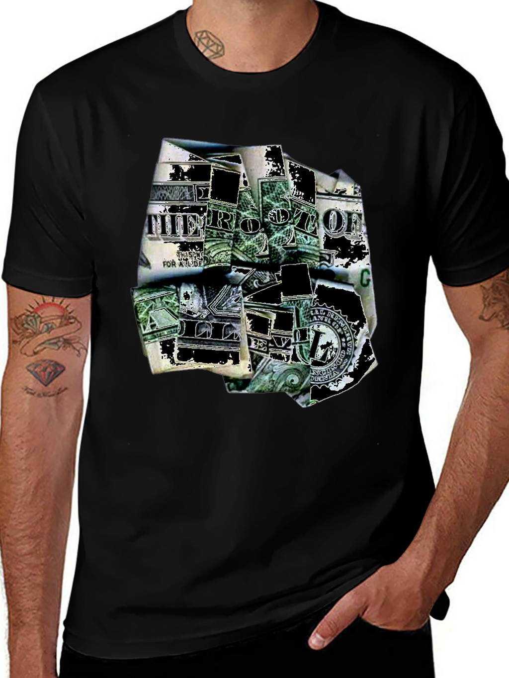 Dollar Bill Graphic Print Black T-Shirt