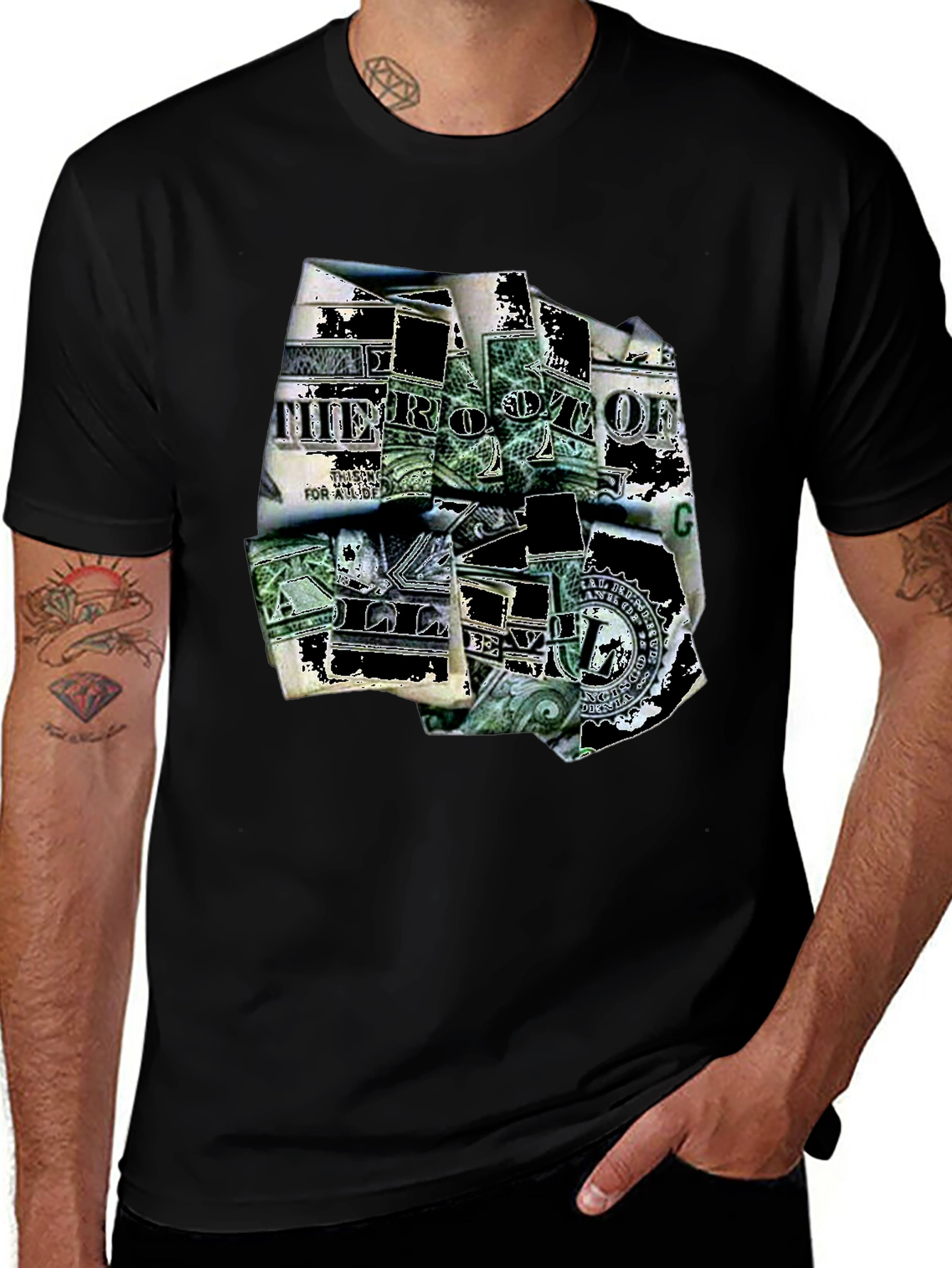 Dollar Bill Graphic Print Black T-Shirt