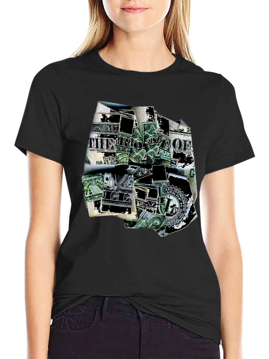 Dollar Bill Graphic Print Black T-Shirt