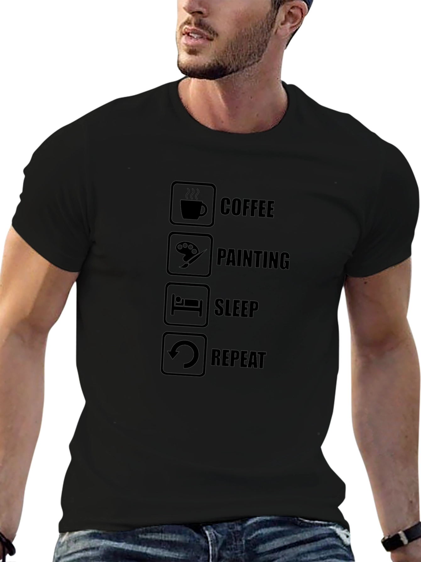 Coffee Painting Sleep Repeat Black T-Shirt