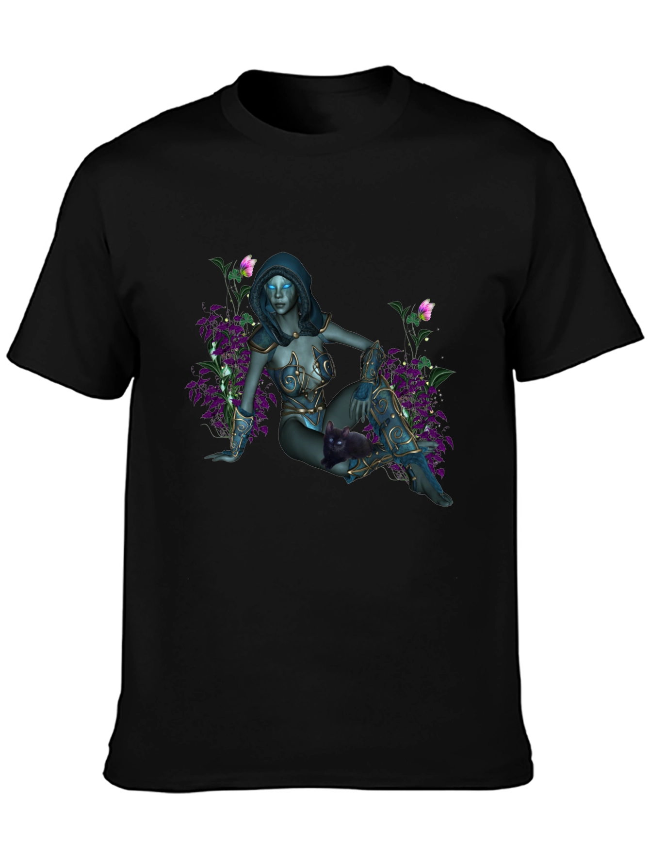 Fantasy Elf Maiden on Black T-Shirt