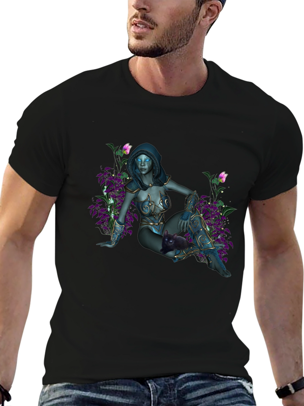 Fantasy Elf Maiden on Black T-Shirt