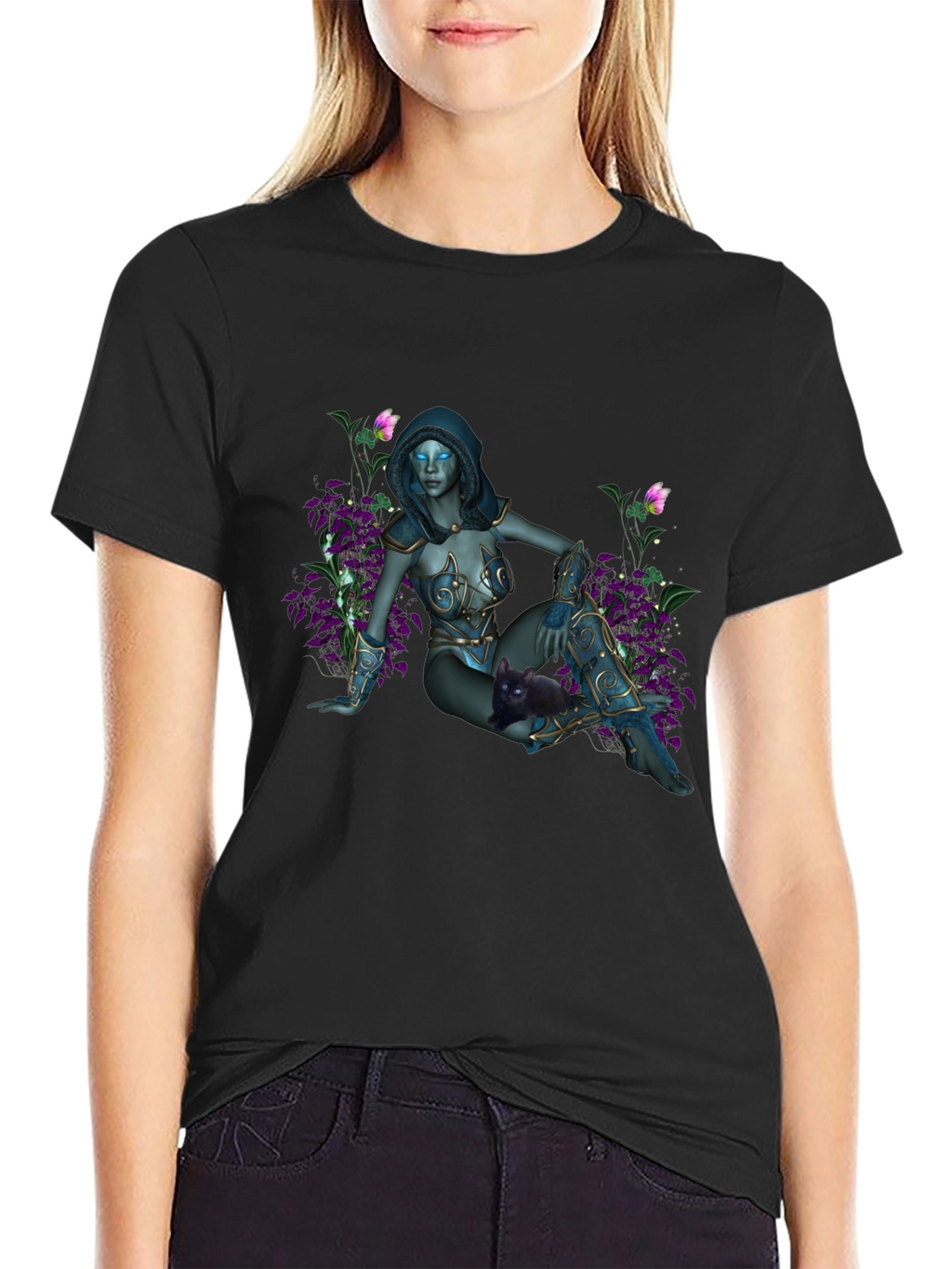 Fantasy Elf Maiden on Black T-Shirt
