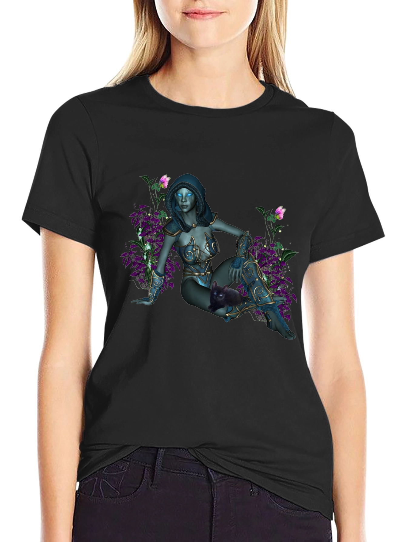 Fantasy Elf Maiden on Black T-Shirt