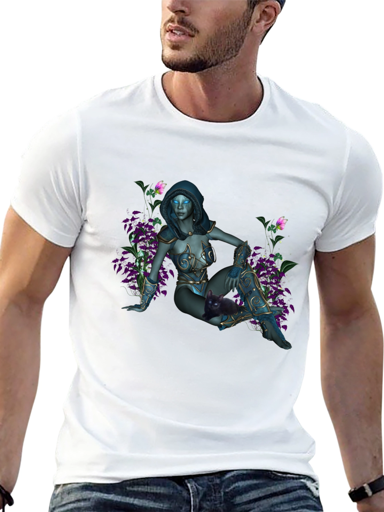 Fantasy Elf Maiden on Black T-Shirt