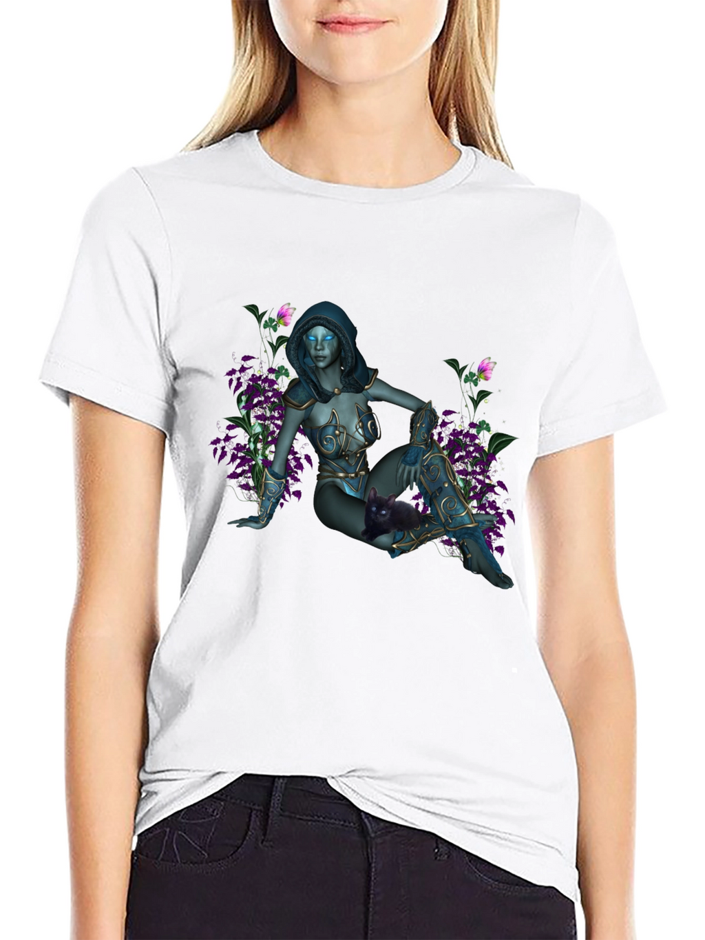 Fantasy Elf Maiden on Black T-Shirt