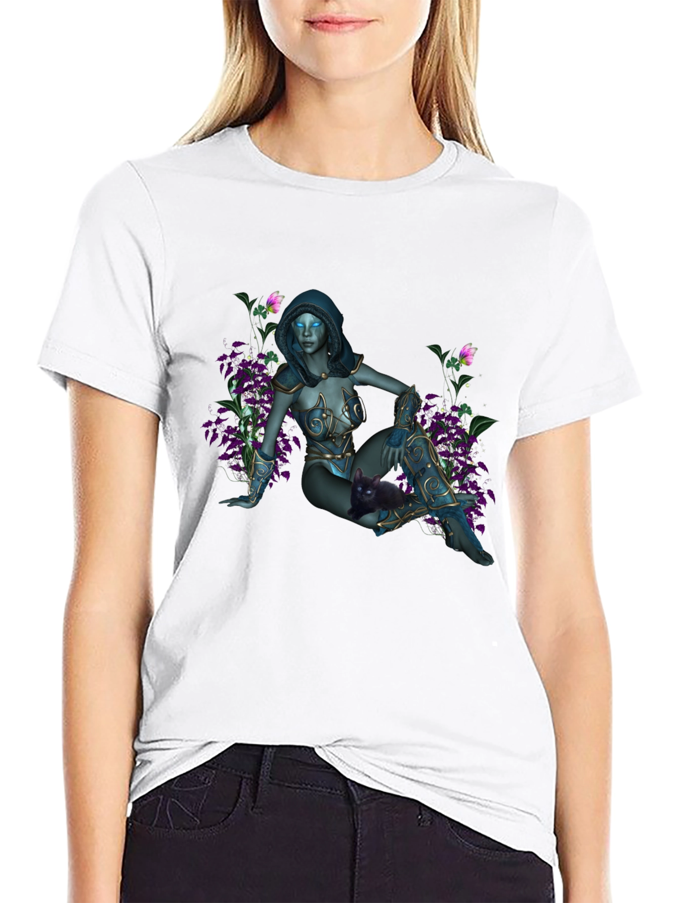 Fantasy Elf Maiden on Black T-Shirt
