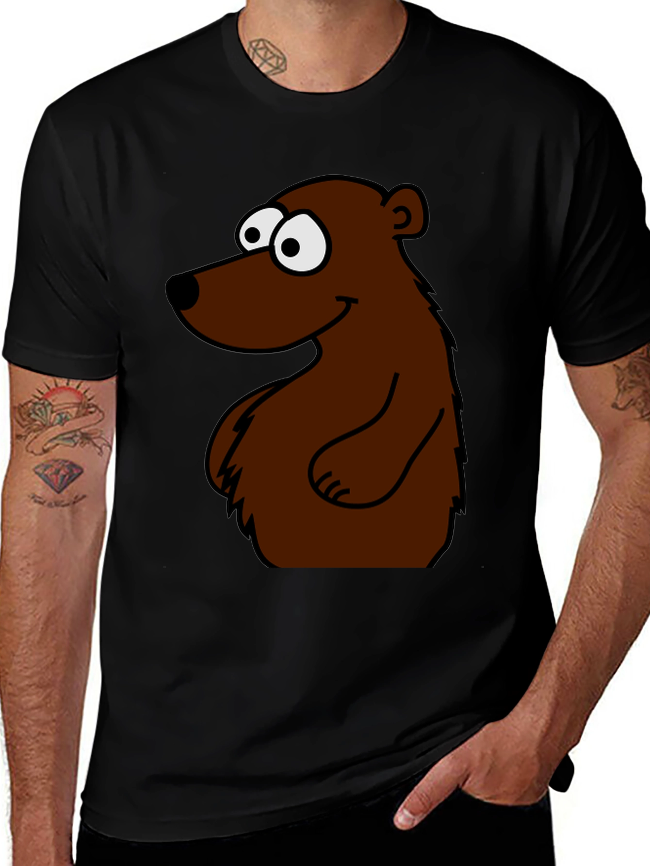Cartoon Bear Graphic T-Shirt - Black