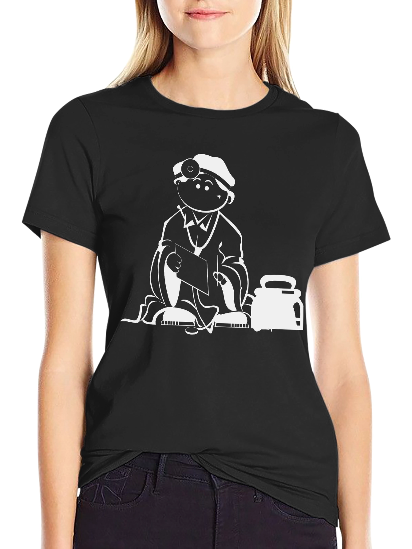 Cartoon Doctor Graphic Tee - Black Cotton Casual Shirt