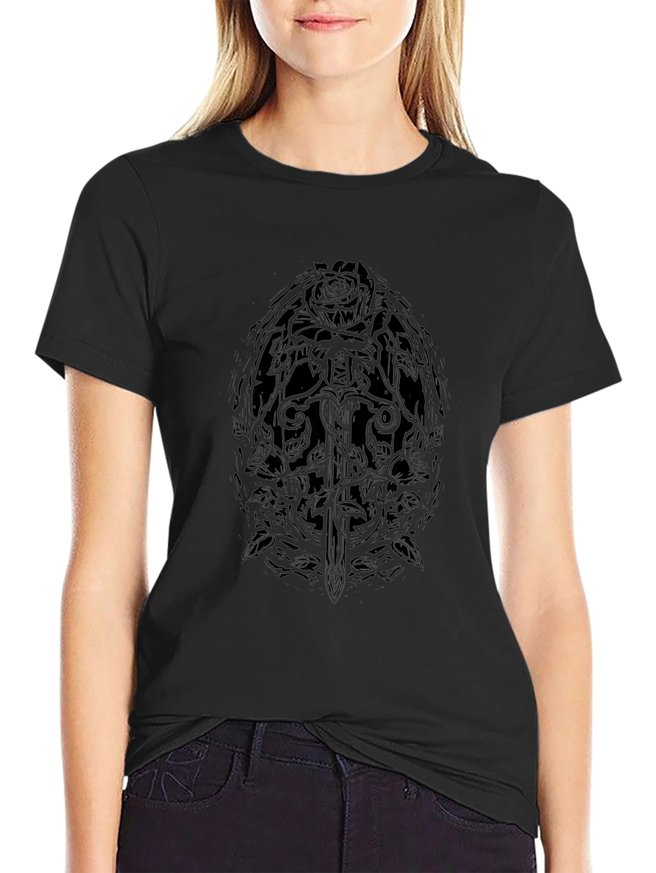 Gothic Rose & Sword Black Graphic Tee