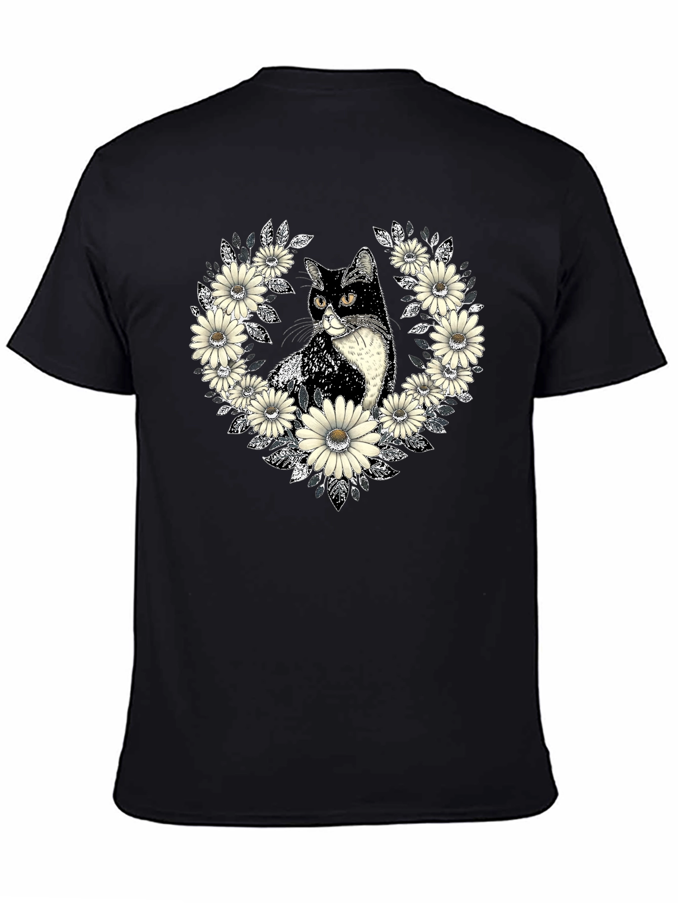Cat & Daisy Wreath Black T-Shirt - Unique Graphic Tee