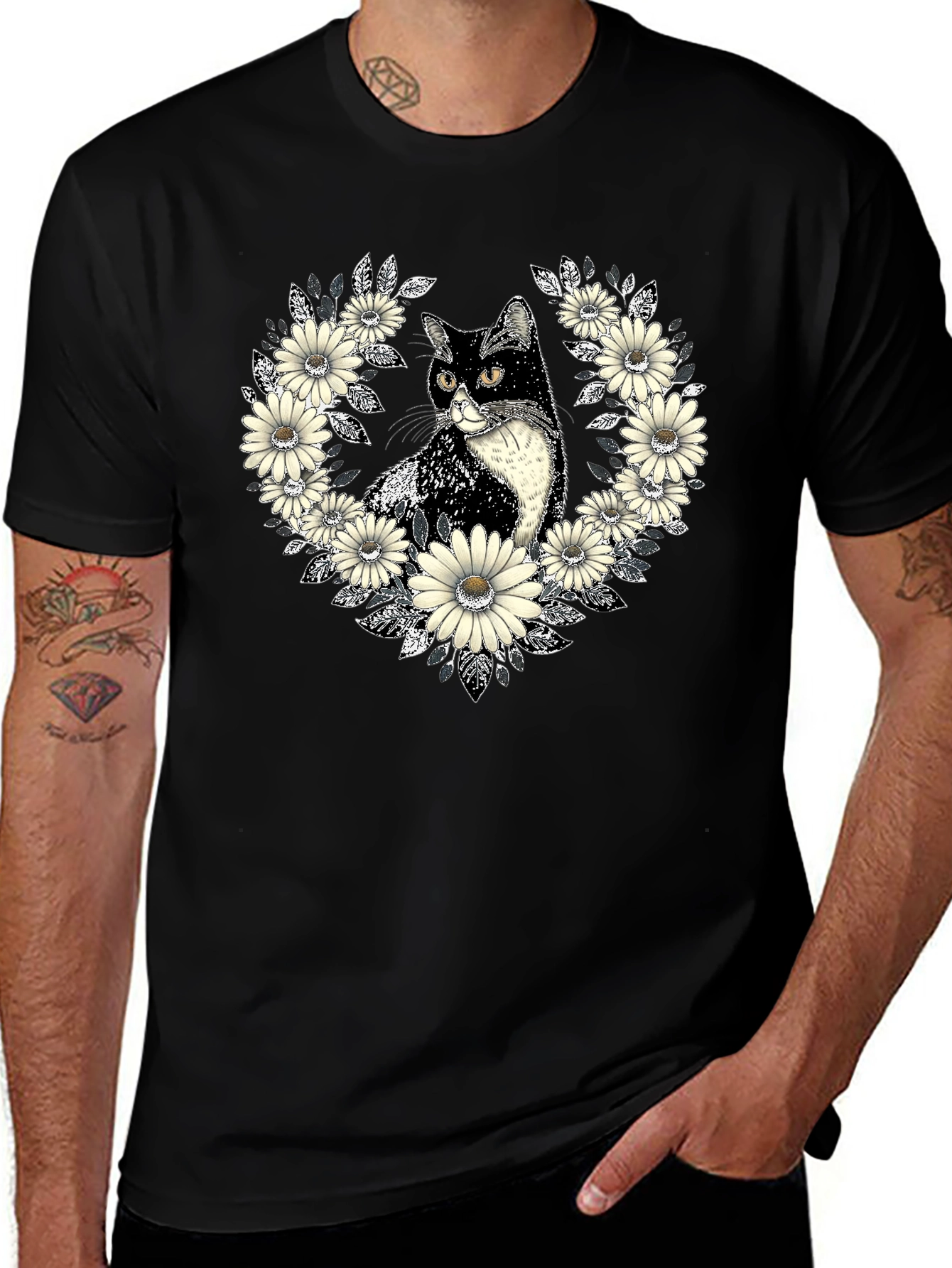Cat & Daisy Wreath Black T-Shirt - Unique Graphic Tee