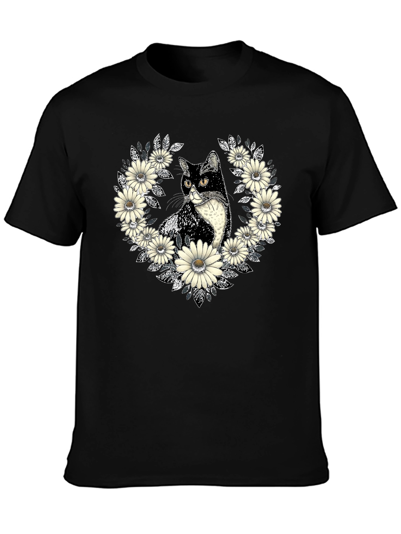 Cat & Daisy Wreath Black T-Shirt - Unique Graphic Tee