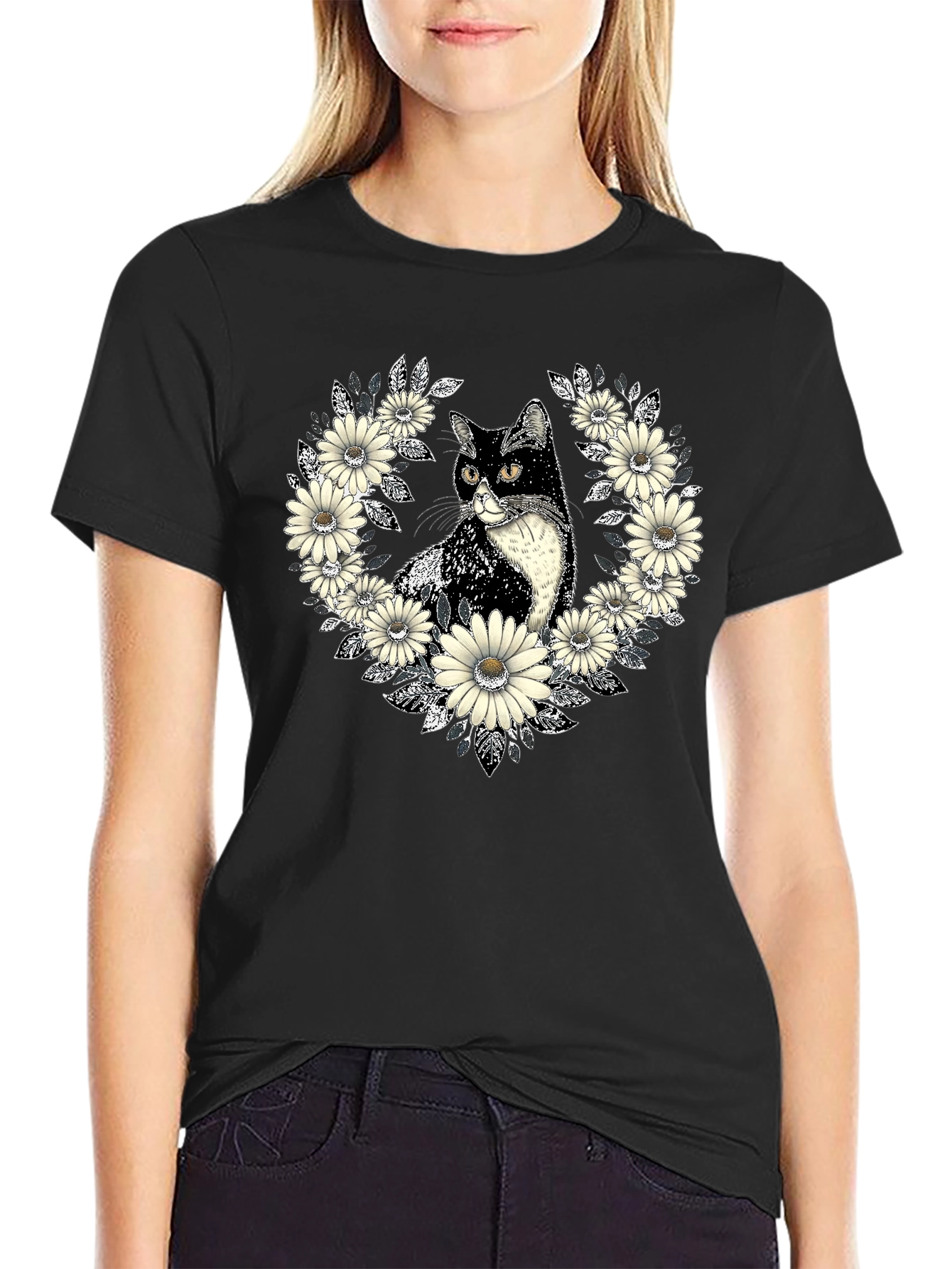 Cat & Daisy Wreath Black T-Shirt - Unique Graphic Tee
