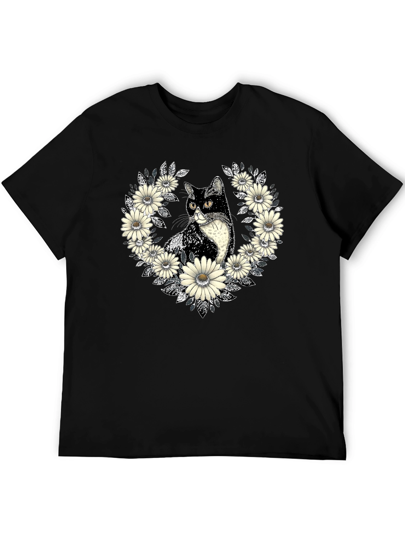 Cat & Daisy Wreath Black T-Shirt - Unique Graphic Tee