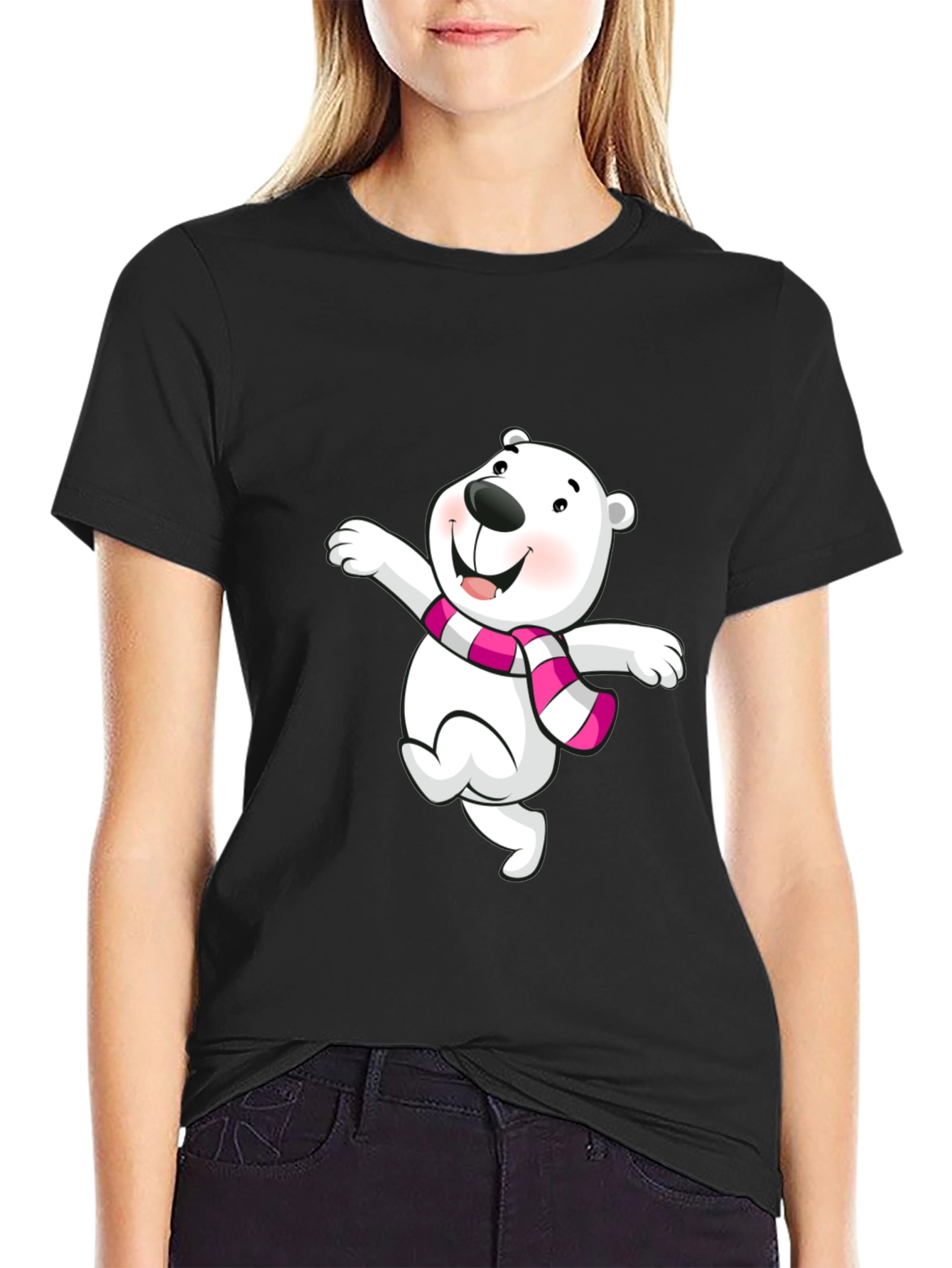 Cute Bear Graphic Tee - Black Cotton Blend Shirt