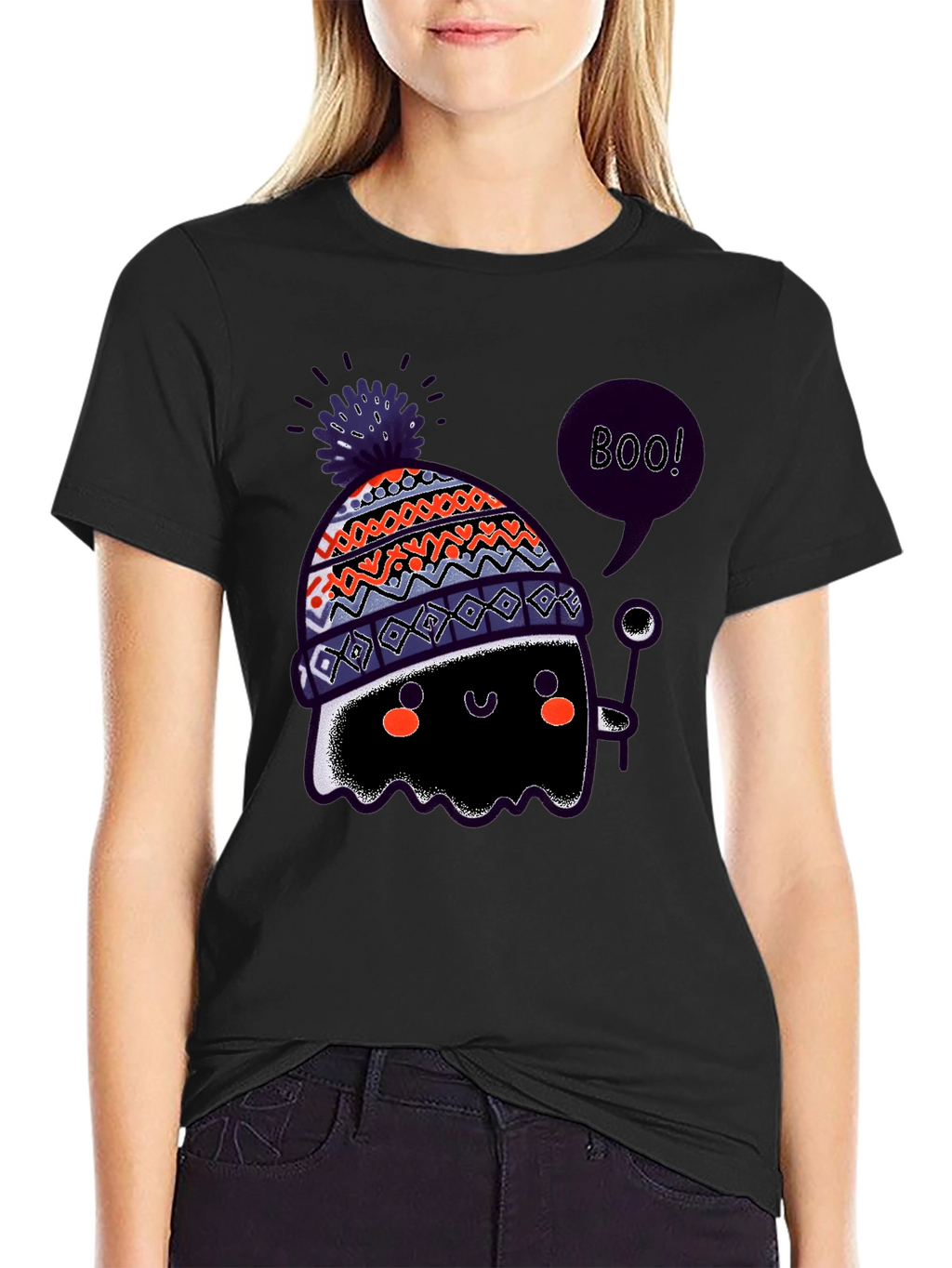 Boo! Ghost in Hat Black Graphic T-Shirt