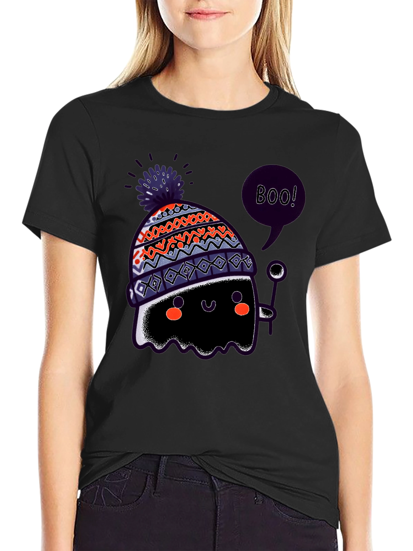 Boo! Ghost in Hat Black Graphic T-Shirt