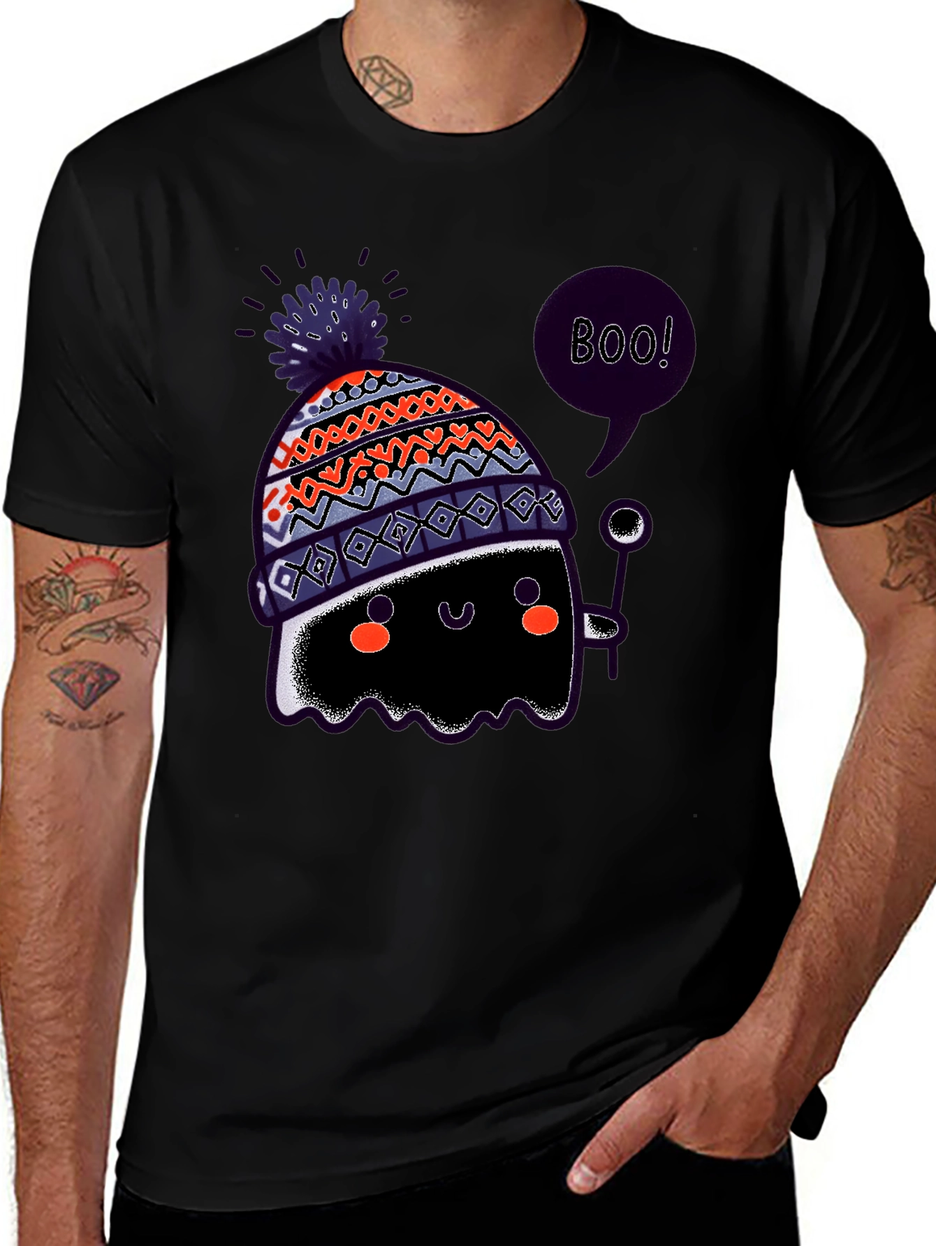 Boo! Ghost in Hat Black Graphic T-Shirt