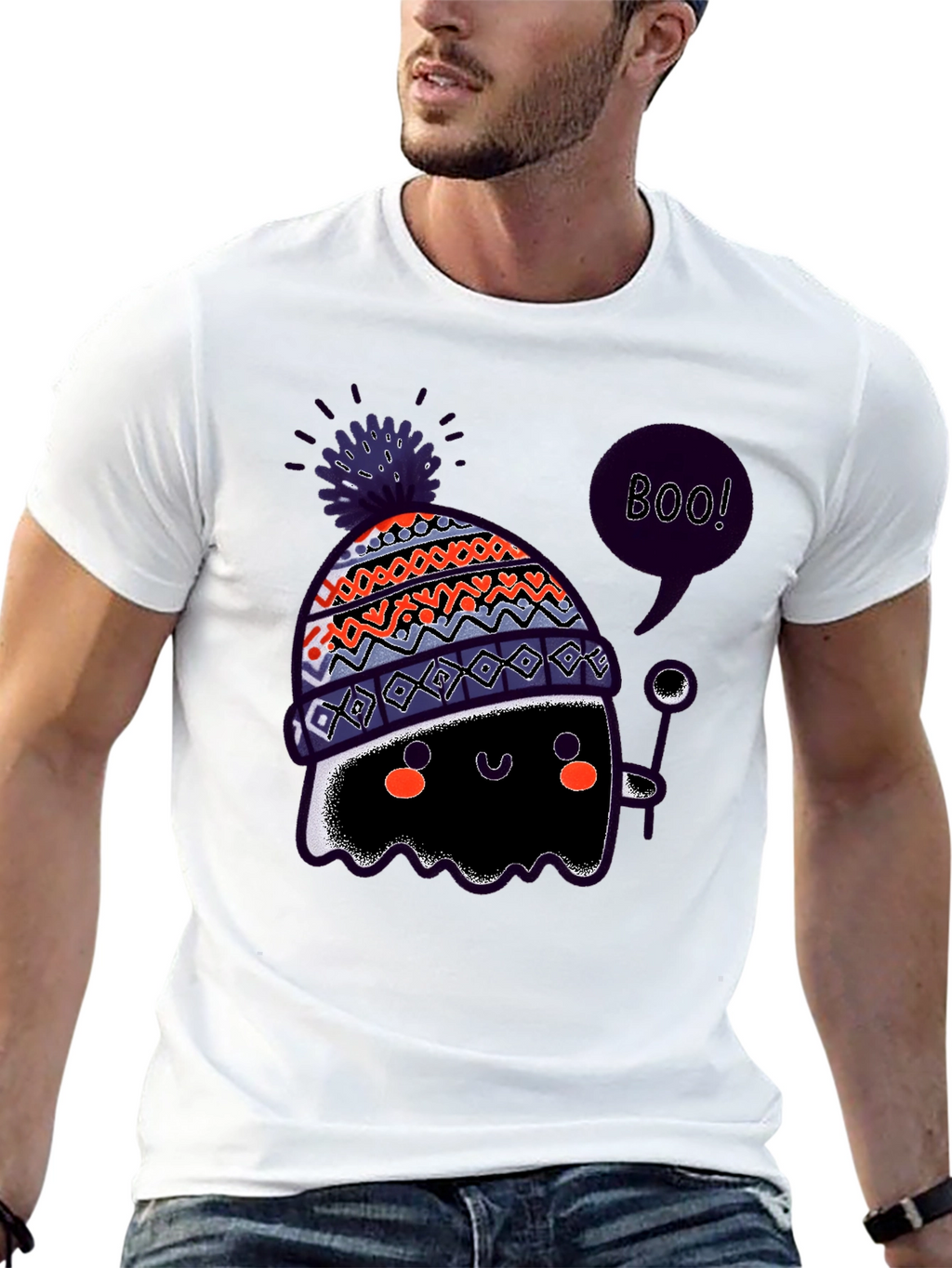 Boo! Ghost in Hat Black Graphic T-Shirt