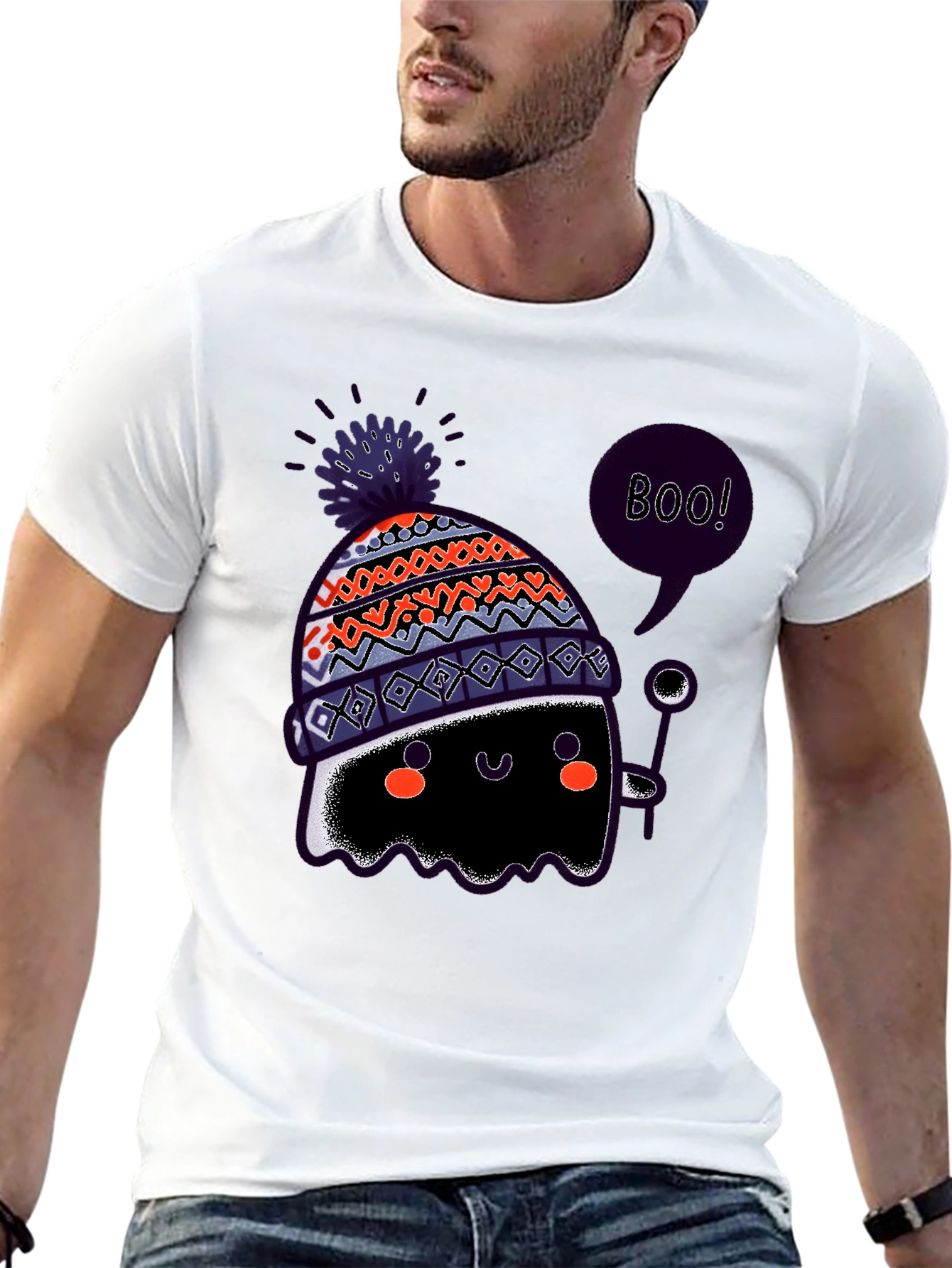 Boo! Ghost in Hat Black Graphic T-Shirt