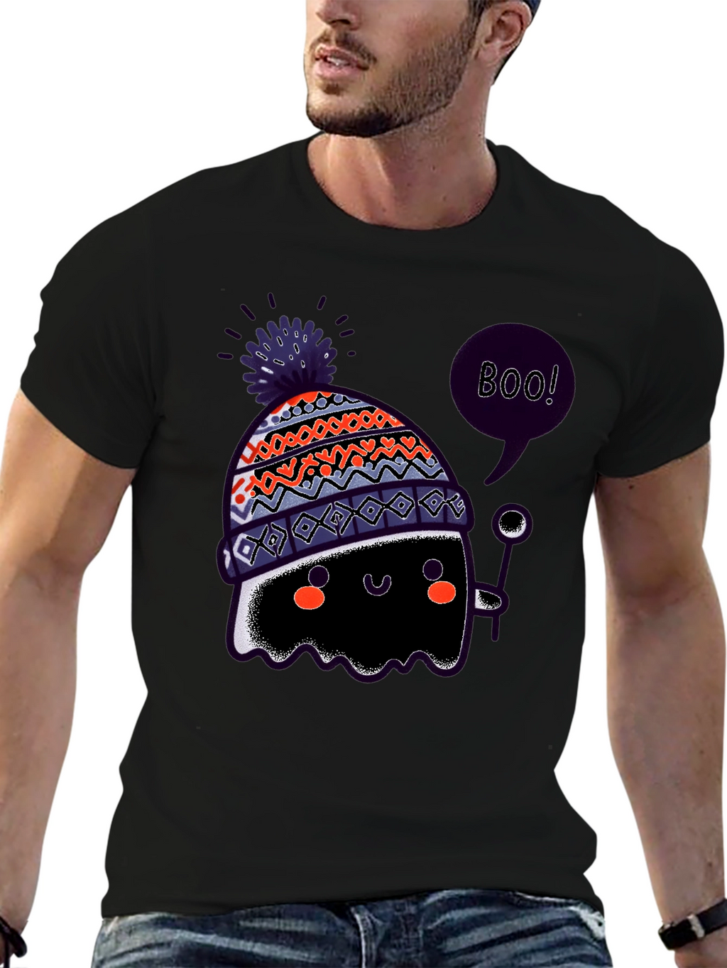 Boo! Ghost in Hat Black Graphic T-Shirt