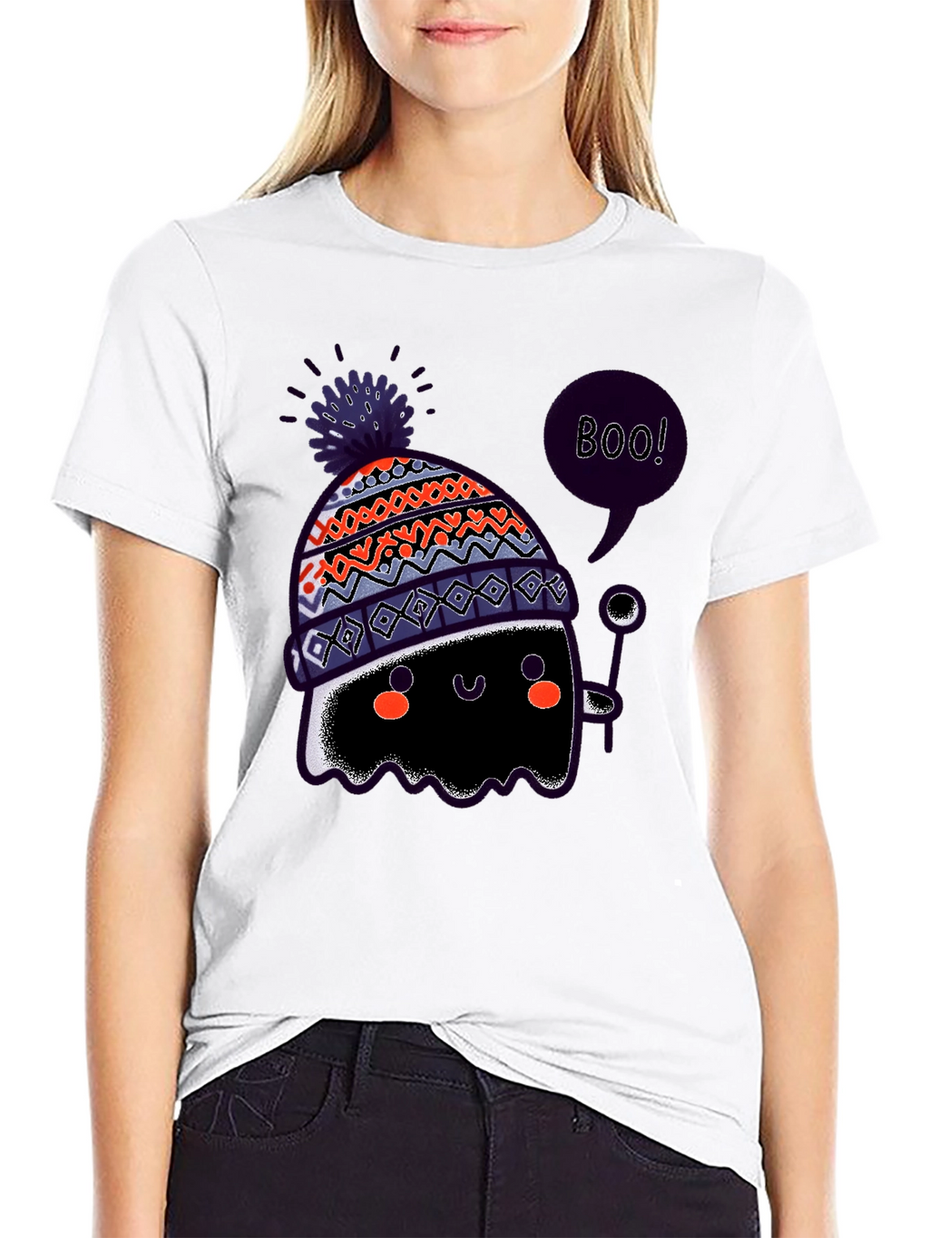 Boo! Ghost in Hat Black Graphic T-Shirt