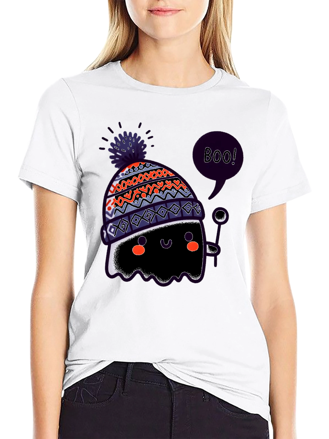 Boo! Ghost in Hat Black Graphic T-Shirt