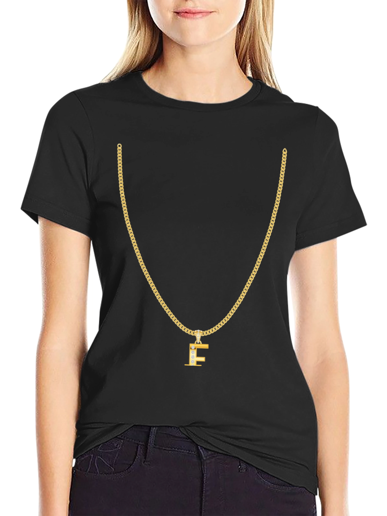 Gold Chain T-Shirt - Letter F Pendant