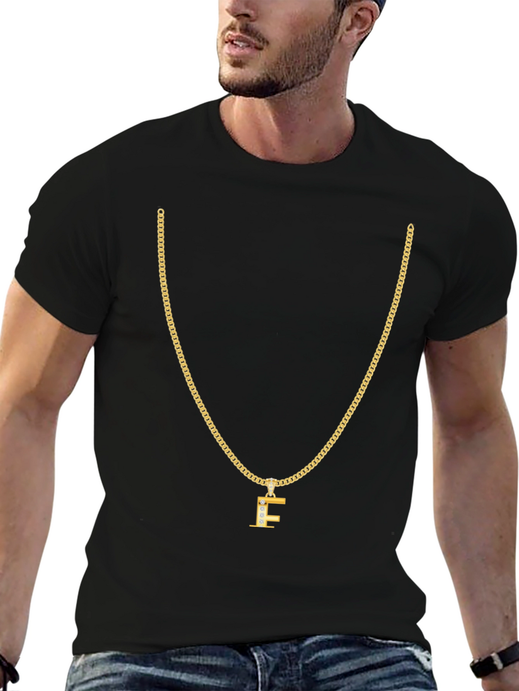 Gold Chain T-Shirt - Letter F Pendant