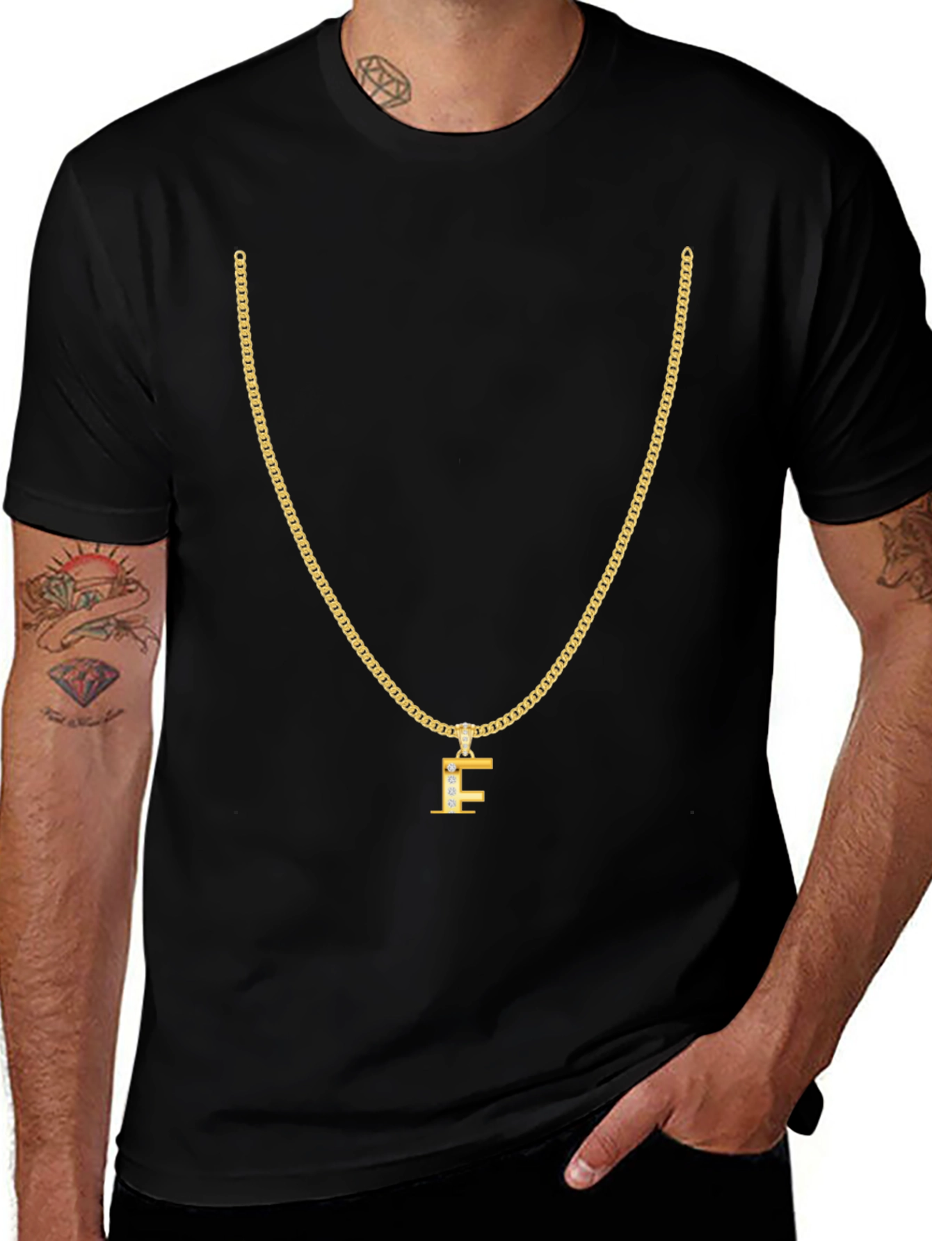 Gold Chain T-Shirt - Letter F Pendant