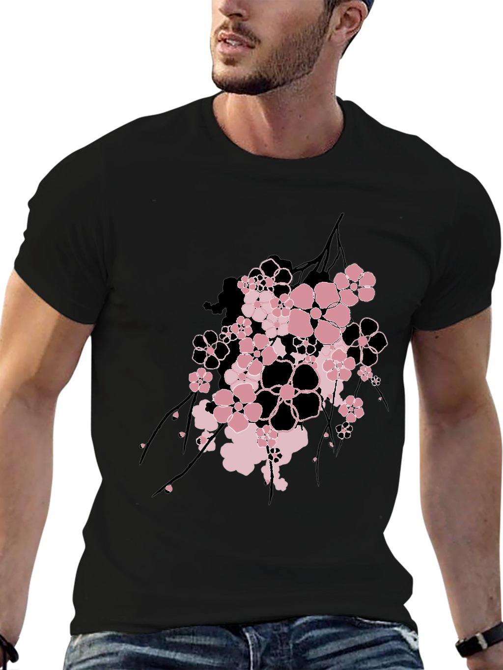 Floral Graphic Print Mens Black T-Shirt