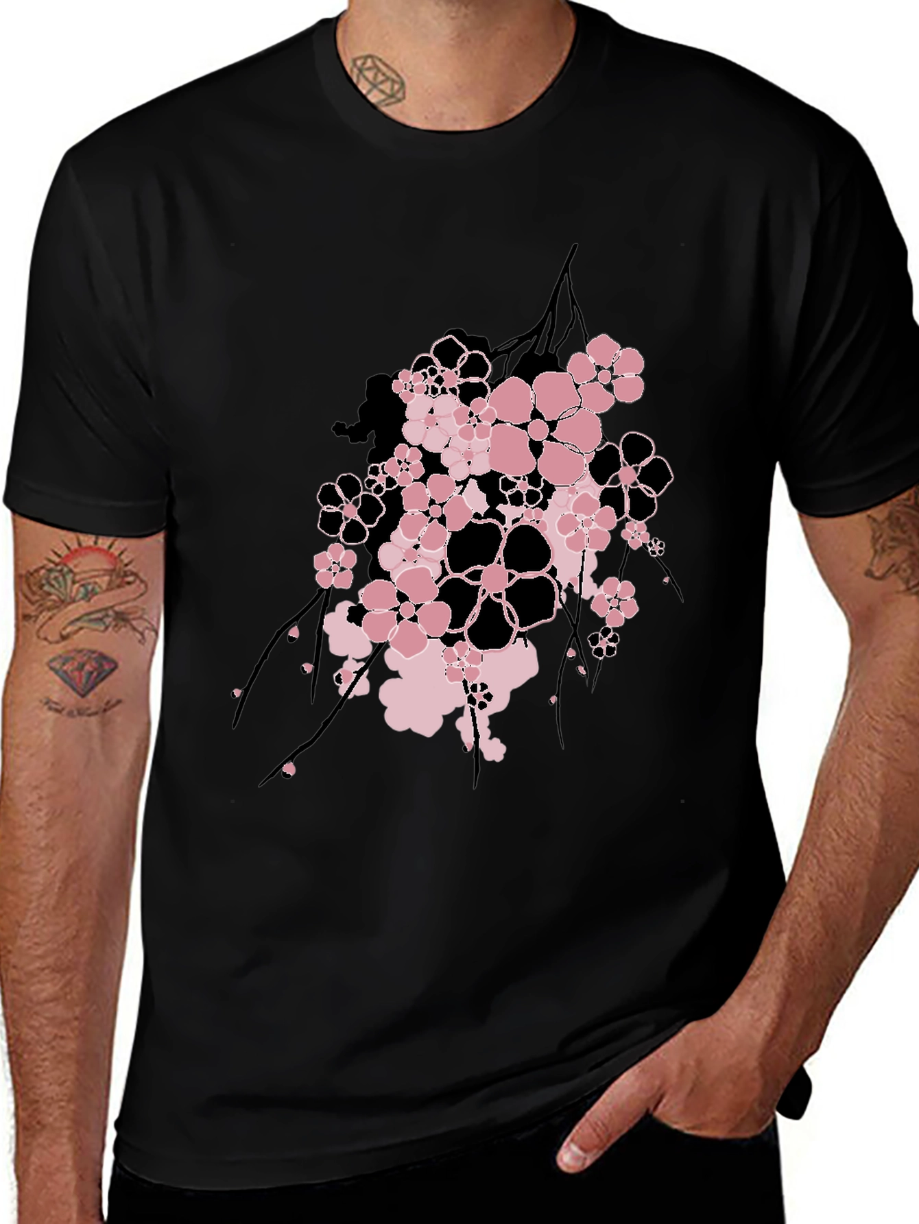 Floral Graphic Print Mens Black T-Shirt
